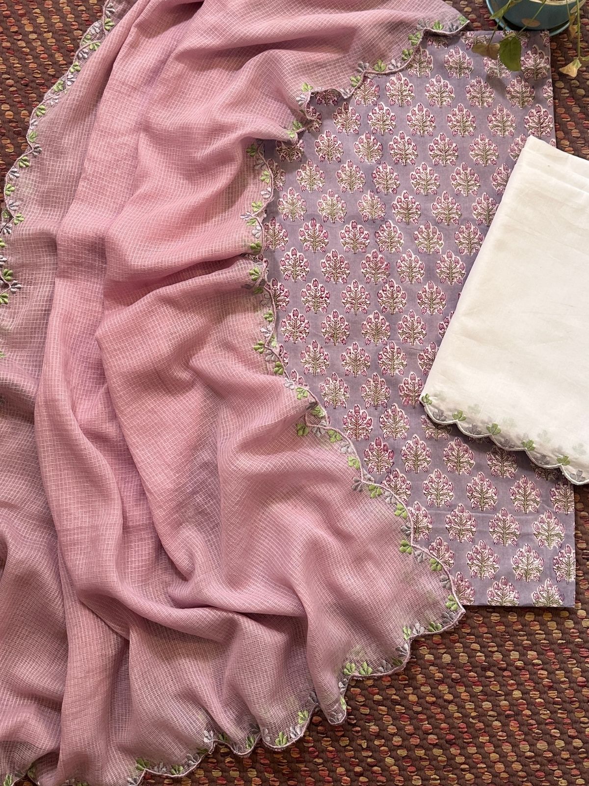 Pure Cotton Hand-block Fabric with Exclusive Embroidered Bottom & Kota Doria Dupatta