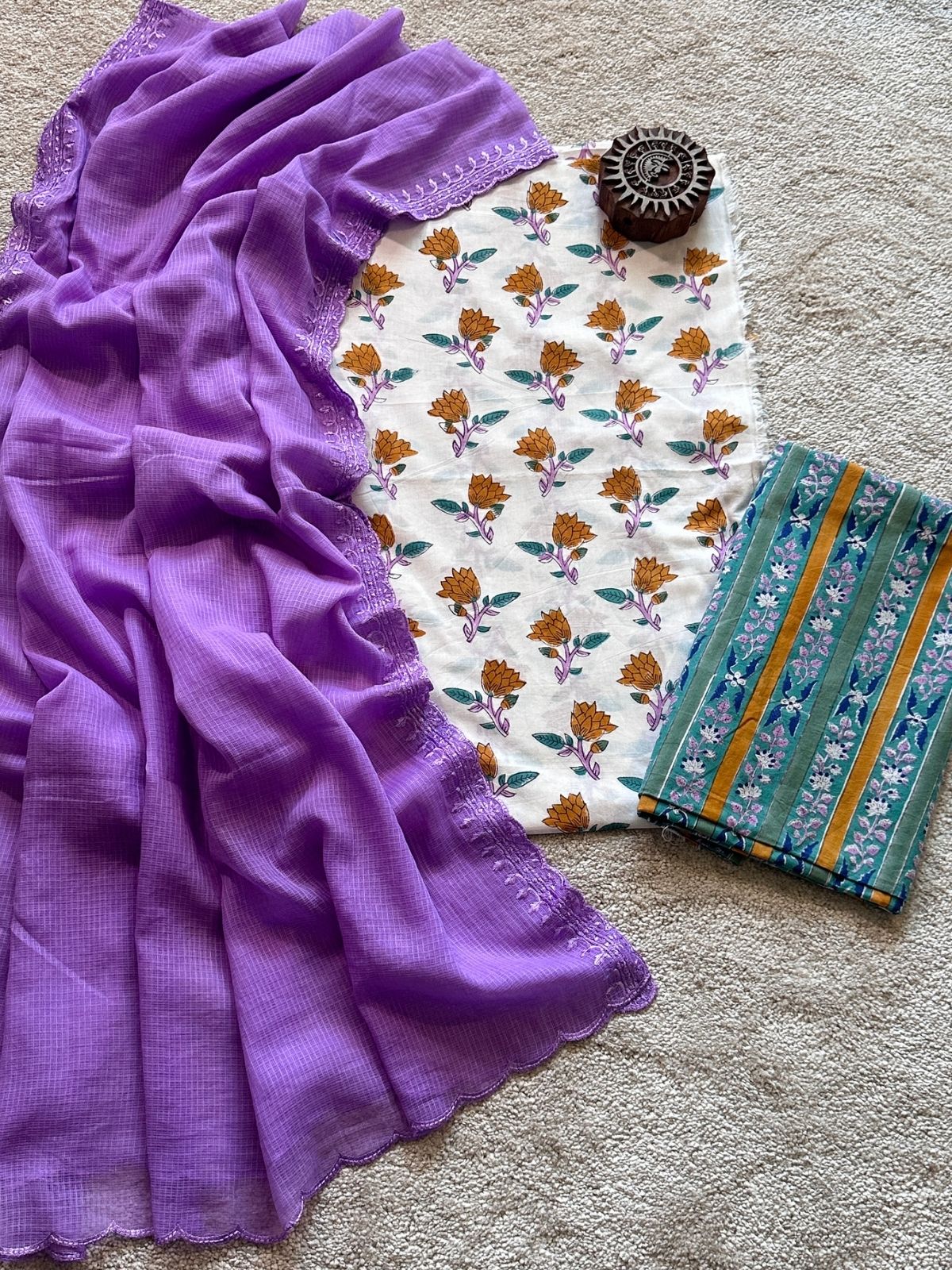 Spring Garden Set- Hand-block Fabric with Embroidered Dupatta