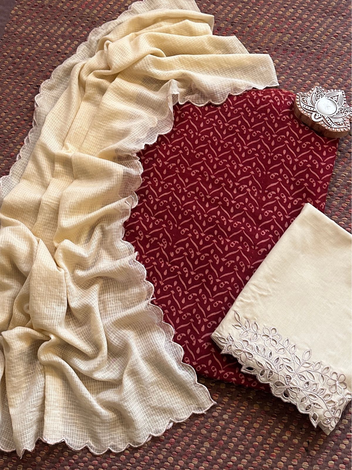 Pure Cotton Mul Ajrak with Scalloped Dupatta & Cutwork Bottom