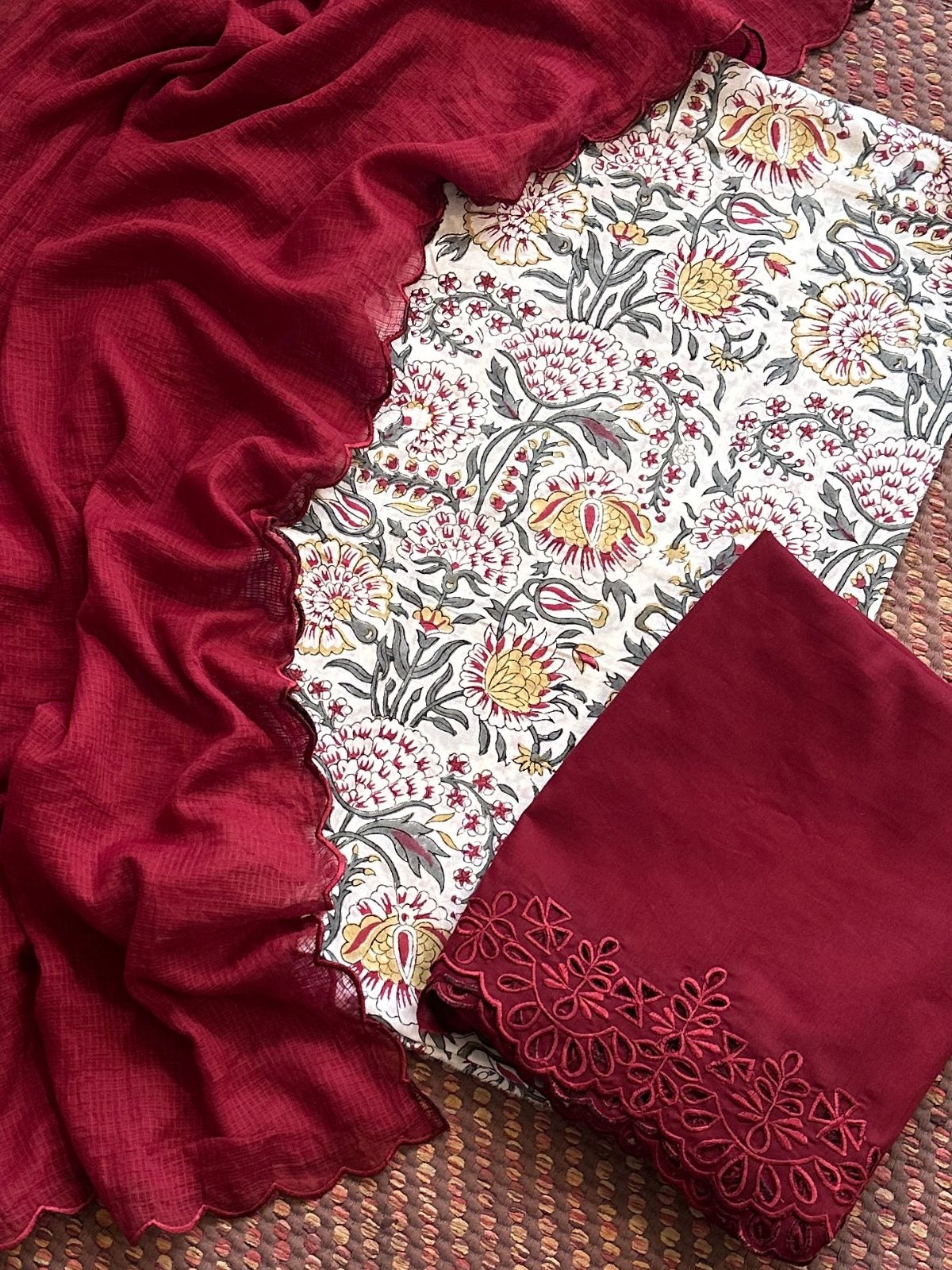 Pure Cotton Hand-blocked Fabric with Cutwork Bottom & Kota Doria Dupatta