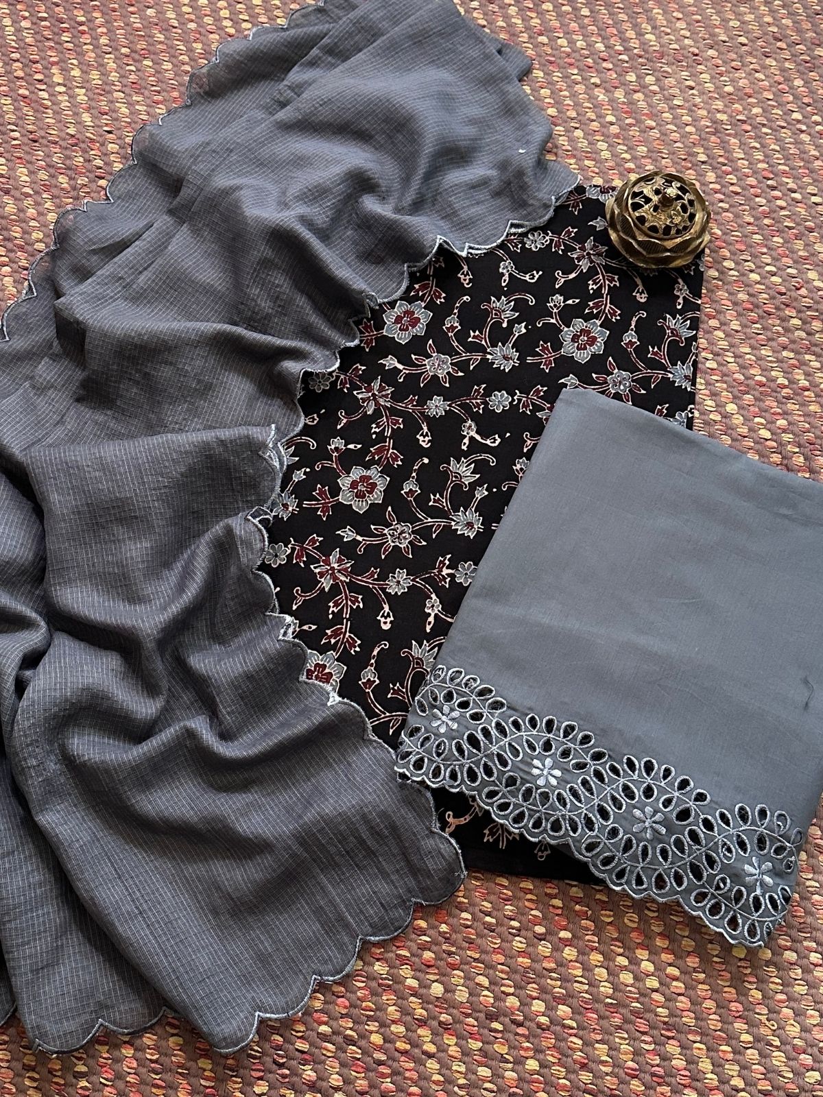 Pure Cotton Mul Ajrak with Scalloped Dupatta & Cutwork Bottom