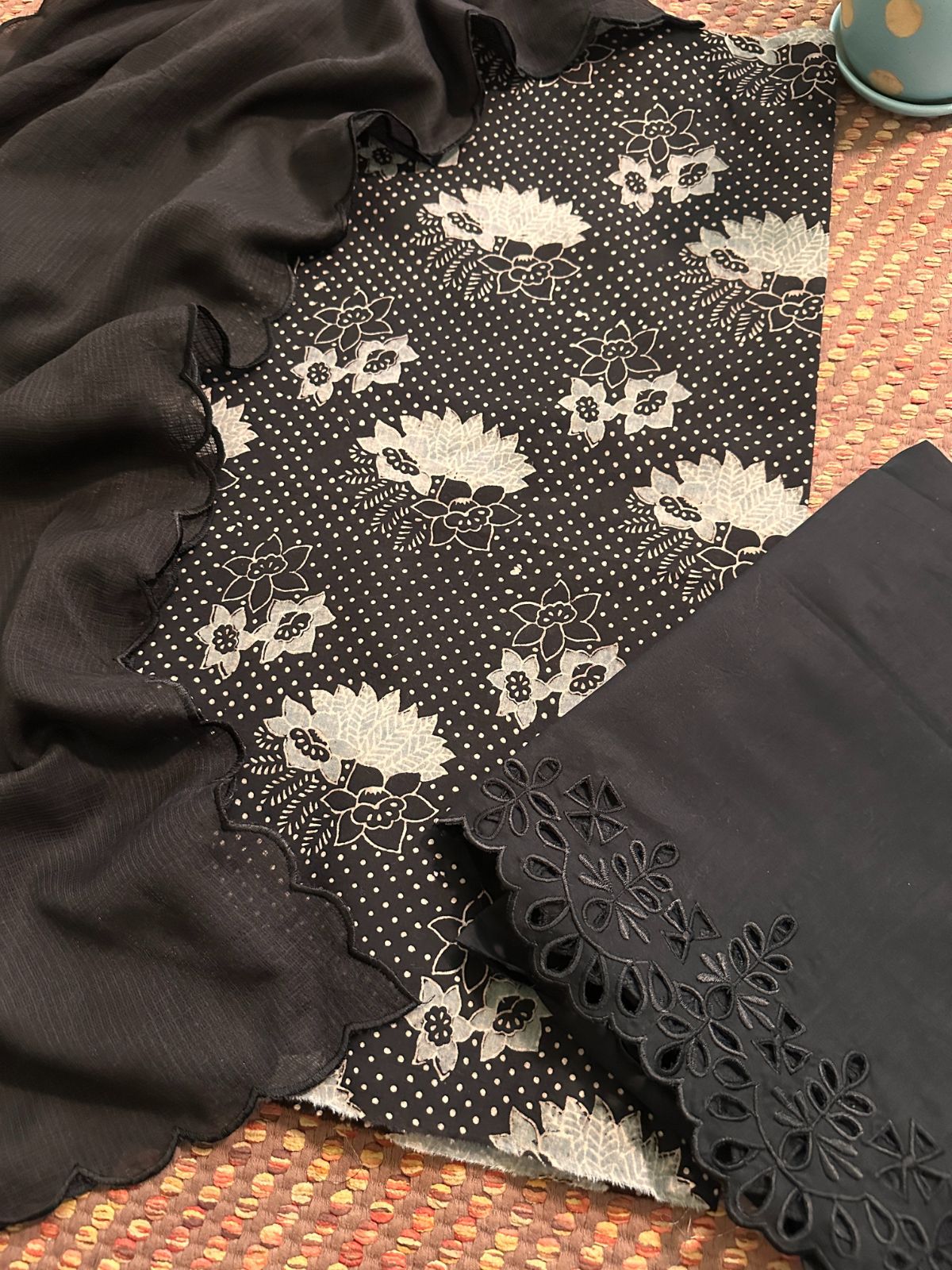 Pure Cotton Malmal  AjFabric with Exclusive Cutwork Bottom & Kota Doria Dupatta