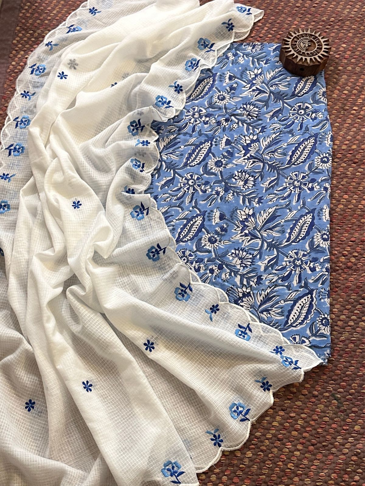 Pure Cotton Handblocked Fabric with Embroidered Dupatta