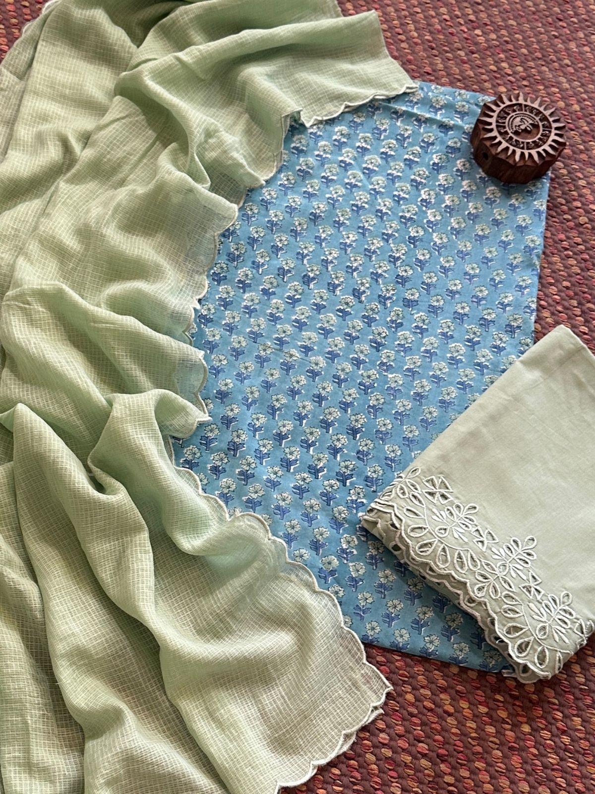 Pure Cotton Hand-blocked Fabric with Cutwork Bottom & Kota Doria Dupatta