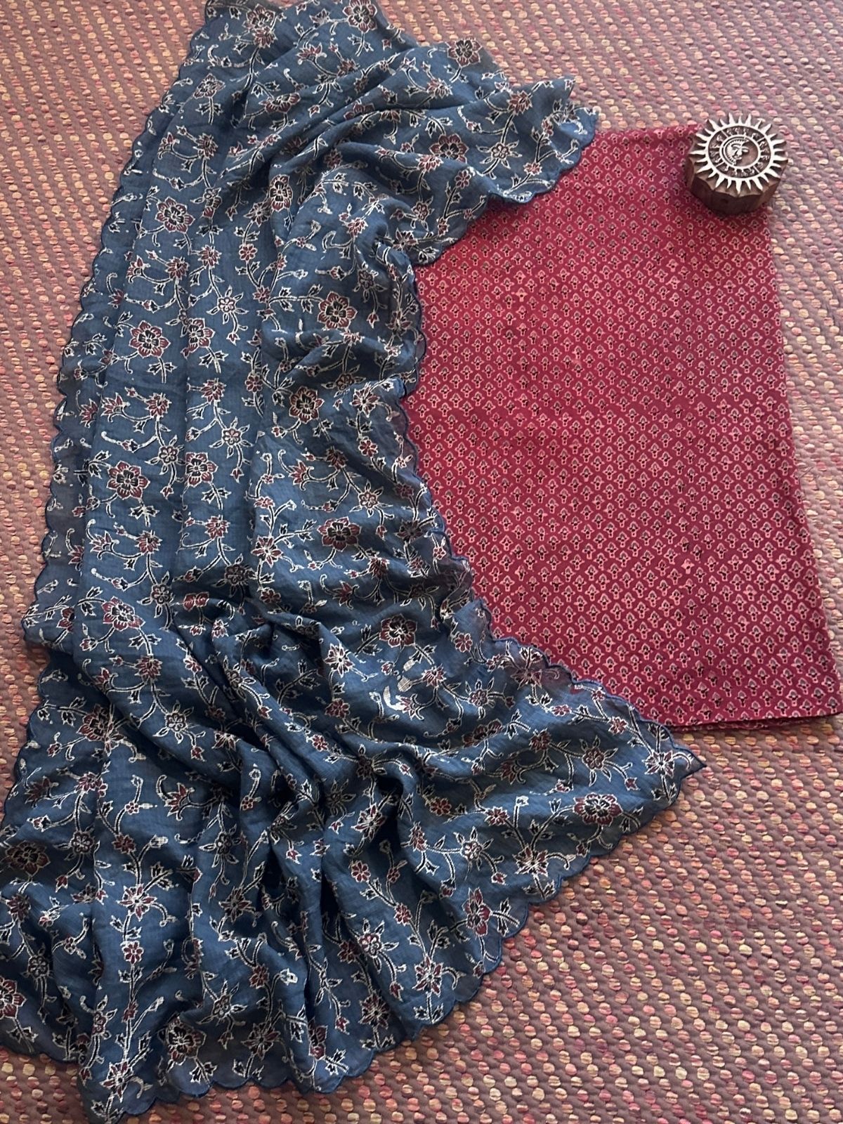 Ajrakh Cotton Malmal Handblocked Set- Top & Dupatta