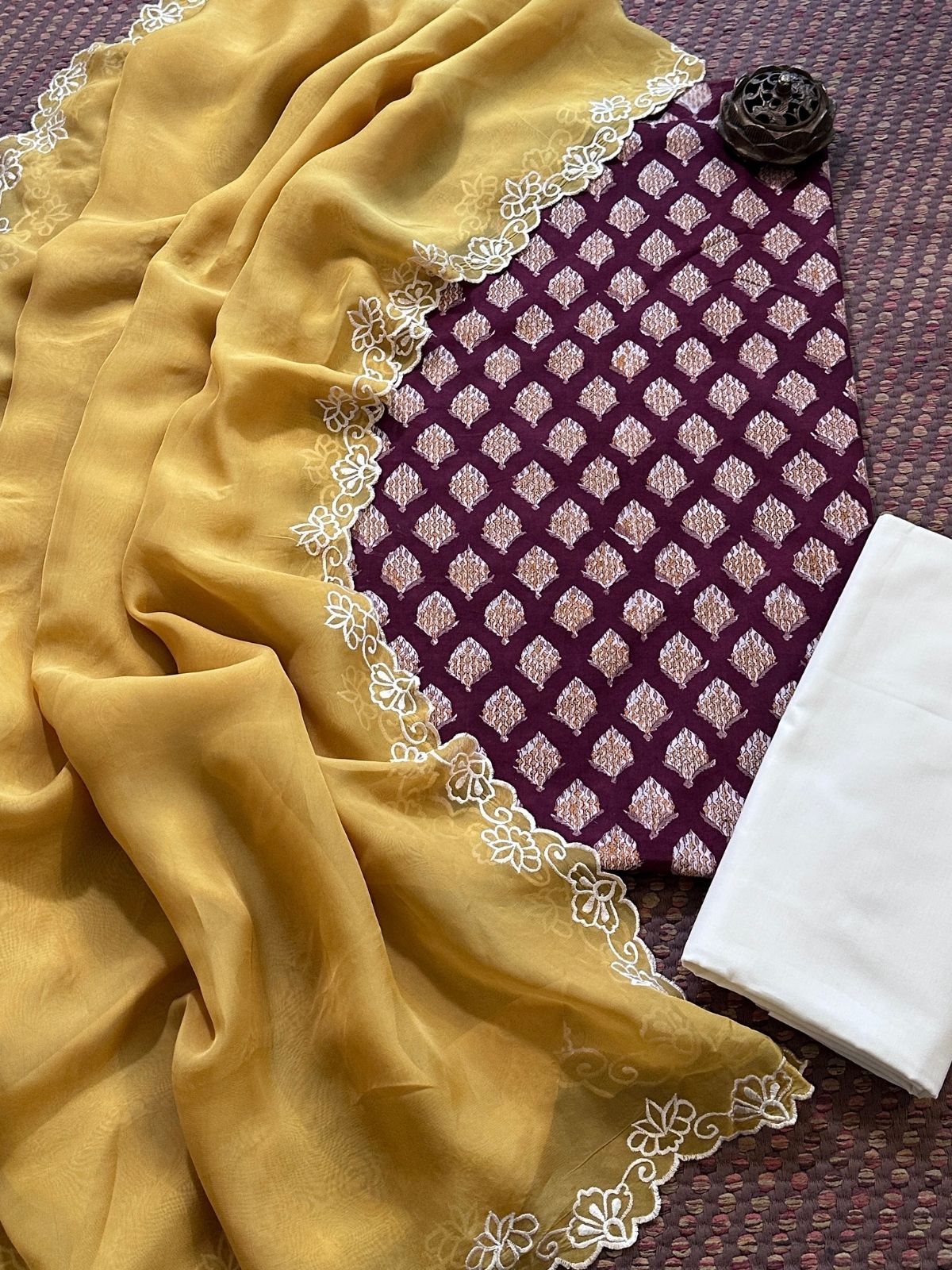 Pure Cotton Hand-blocked Fabric with Exclusive Organza Dupatta