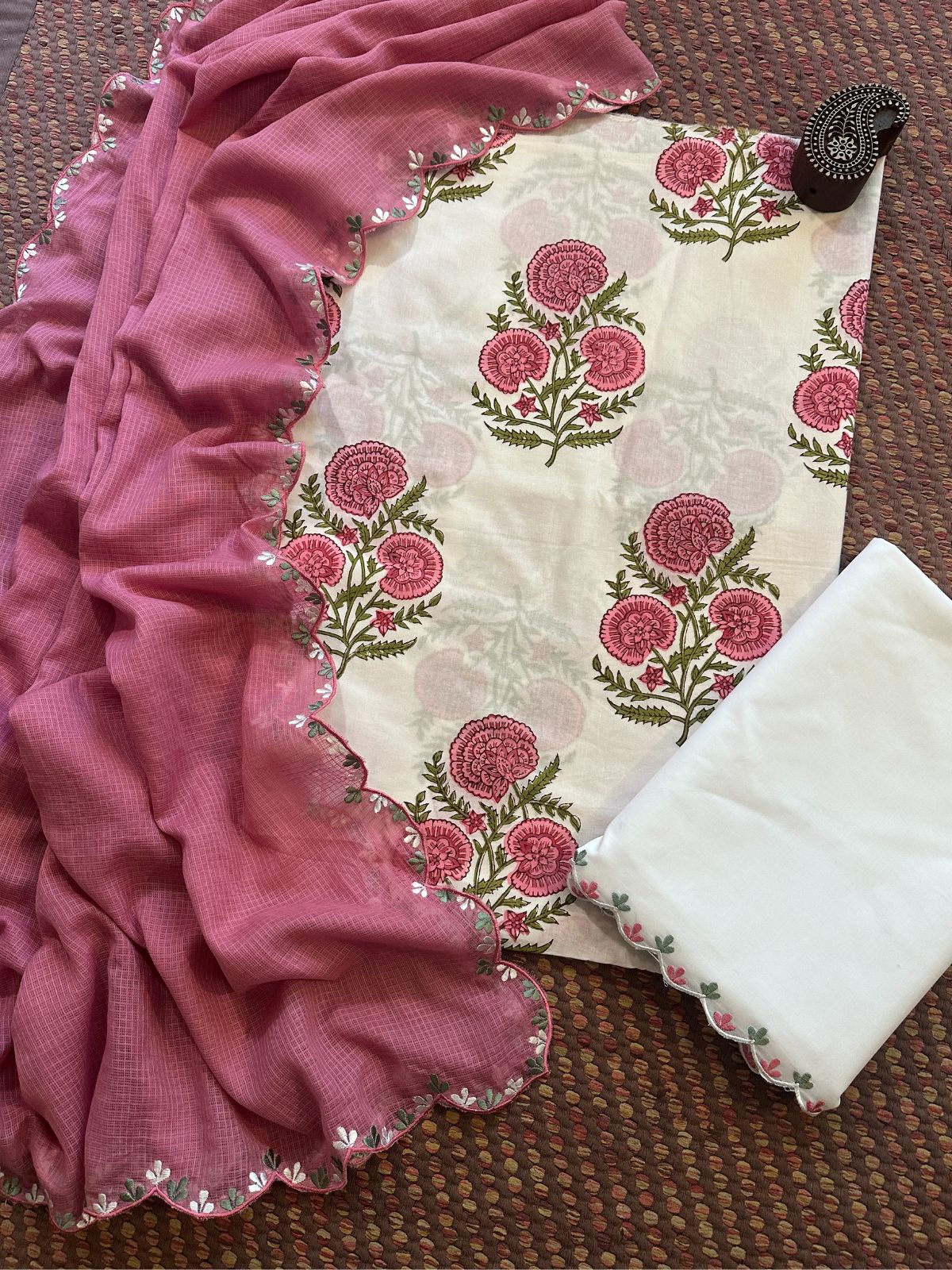 Pure Cotton Hand-block Fabric with Embroidered Bottom & Kota Doria Dupatta