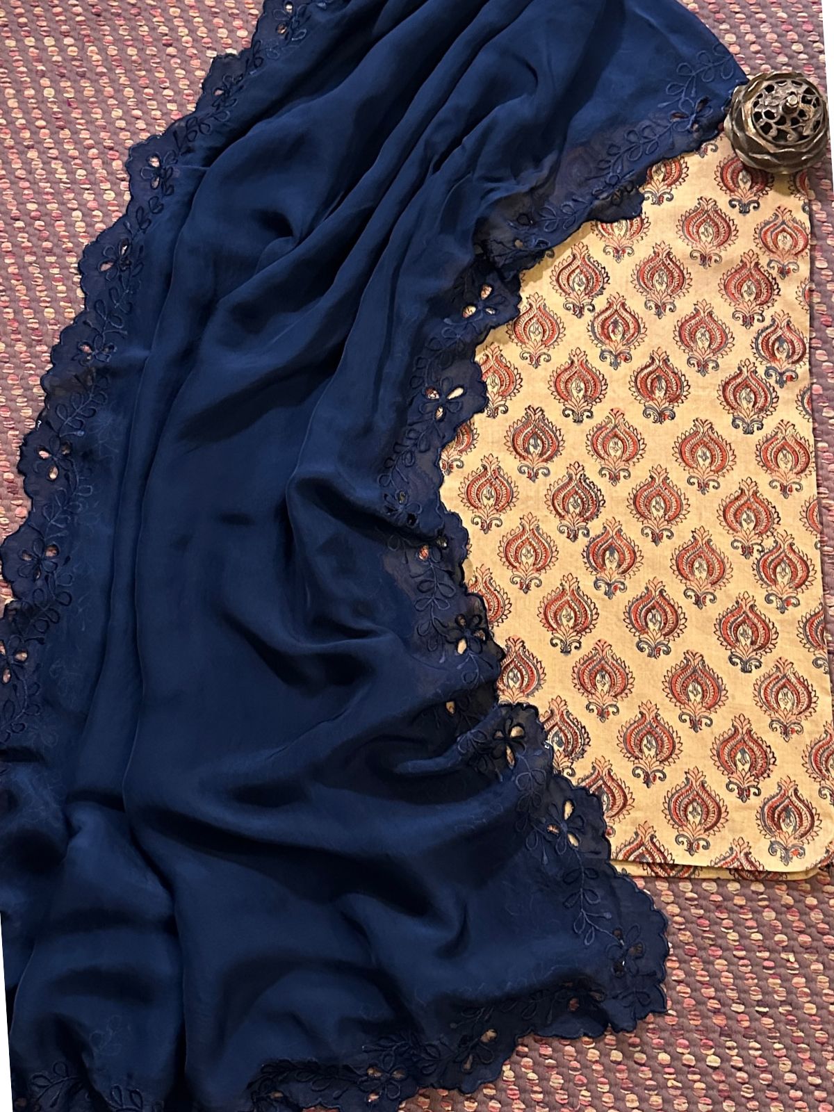 Pure Cotton malmal Handblocked Fabric with Exclusive Cutwork Organza Dupatta