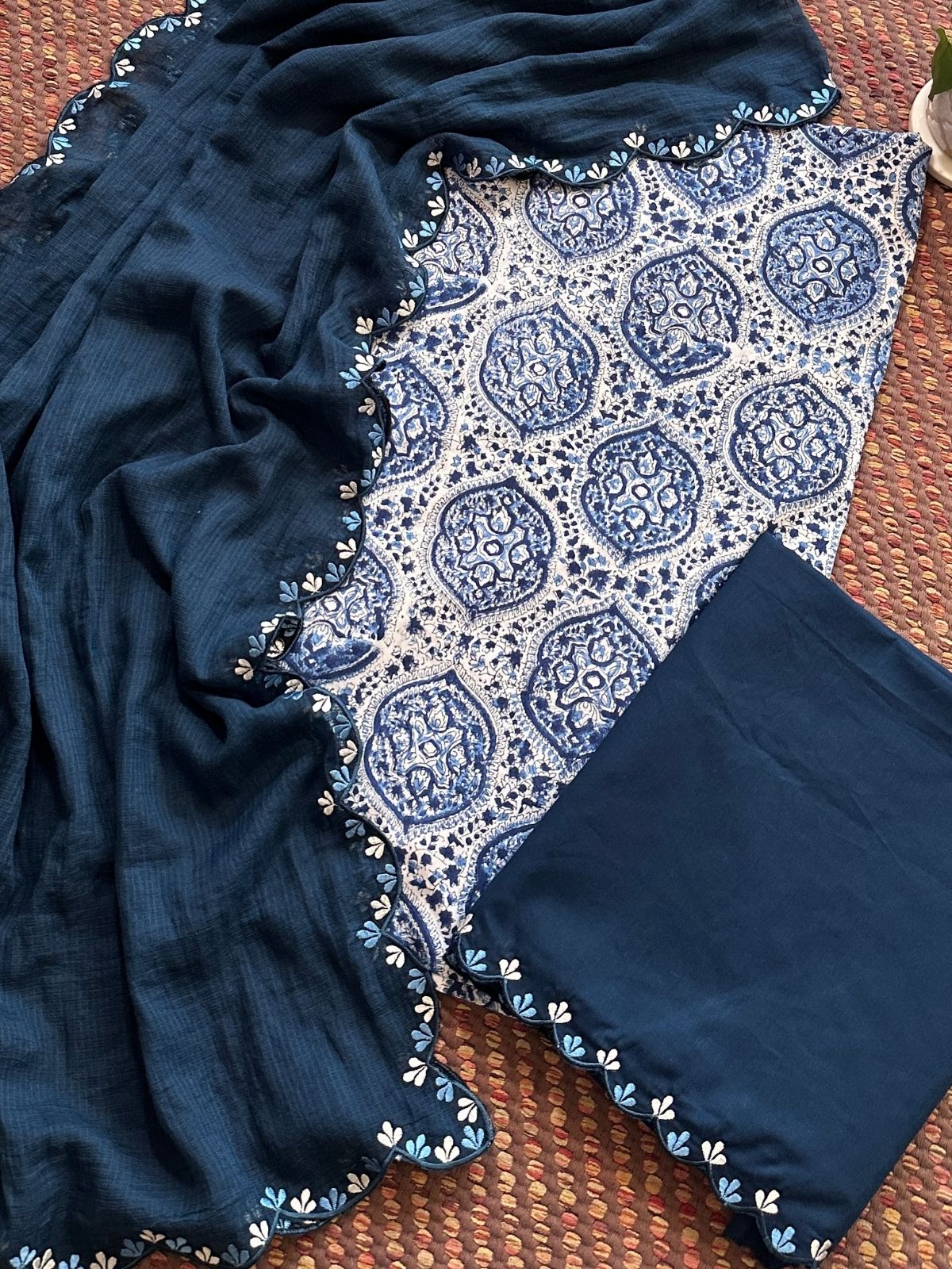 Pure Cotton Hand blocked Set with Embroidered Dupatta