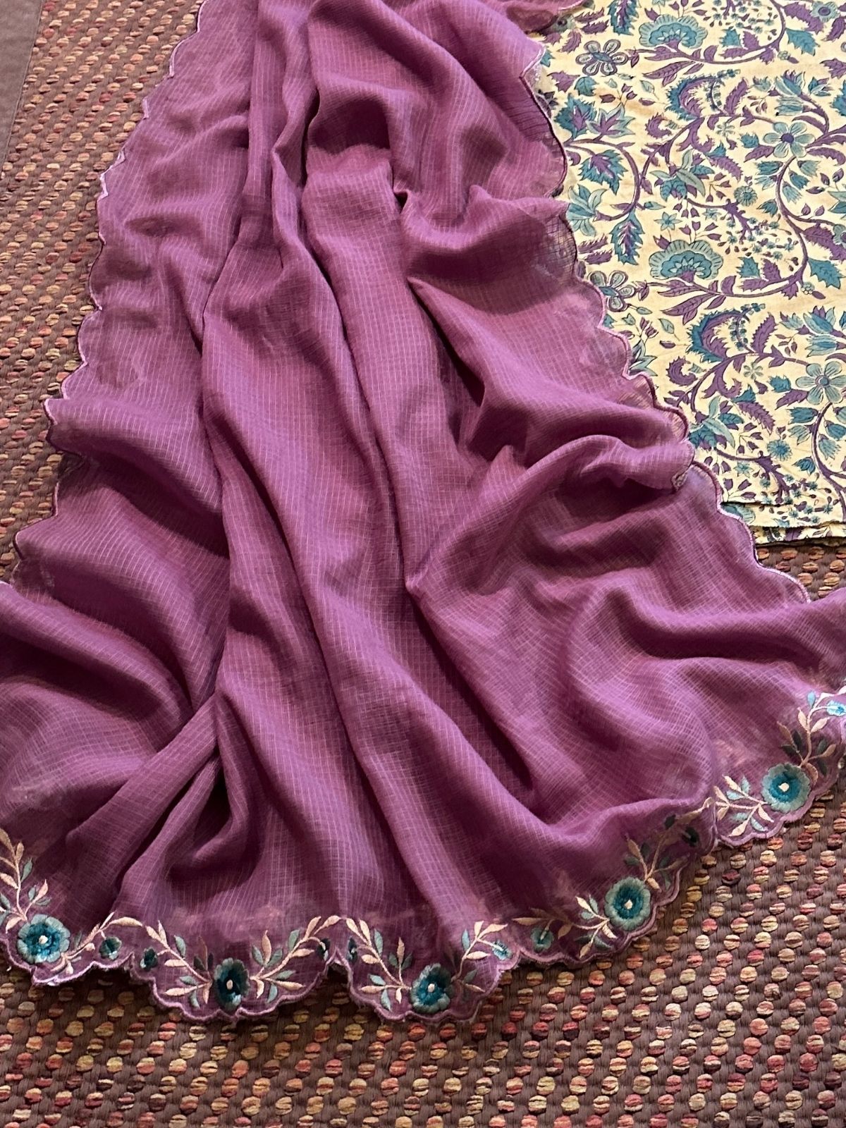 Pure Cotton Hand-blocked Fabric with Embroidered Dupatta