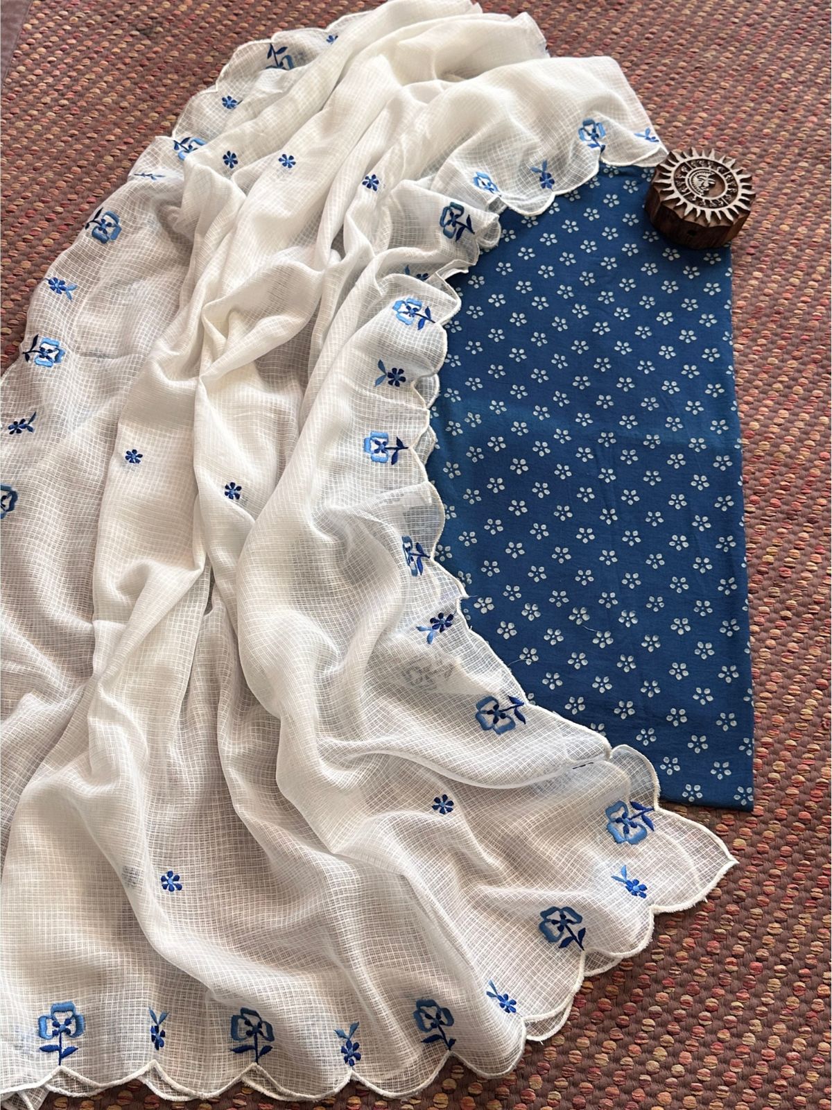 Pure Cotton Indigo Hand-block Fabric with Exclusive Embroidered Kota Doria Dupatta