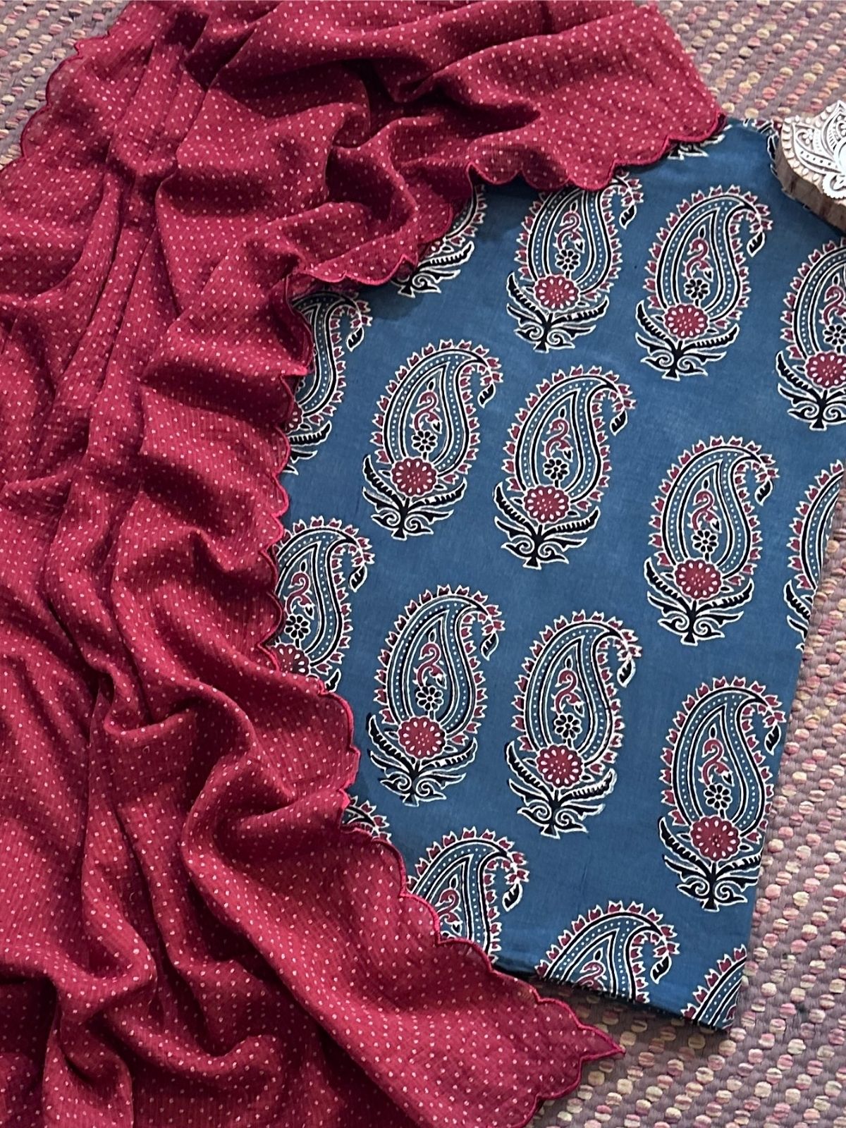 Ajrakh Cotton Malmal Handblocked Set- Top & Dupatta