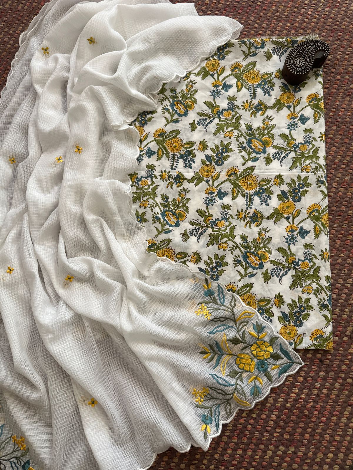 Pure Cotton Handblock Fabric with Exclusive Embroidered Dupatta