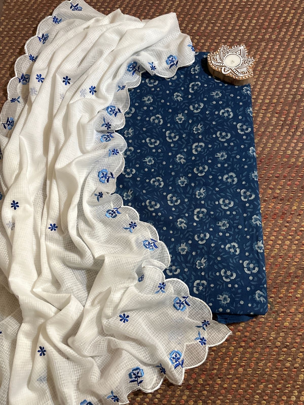 Pure Cotton Indigo Hand-block Fabric with Exclusive Embroidered Kota Doria Dupatta