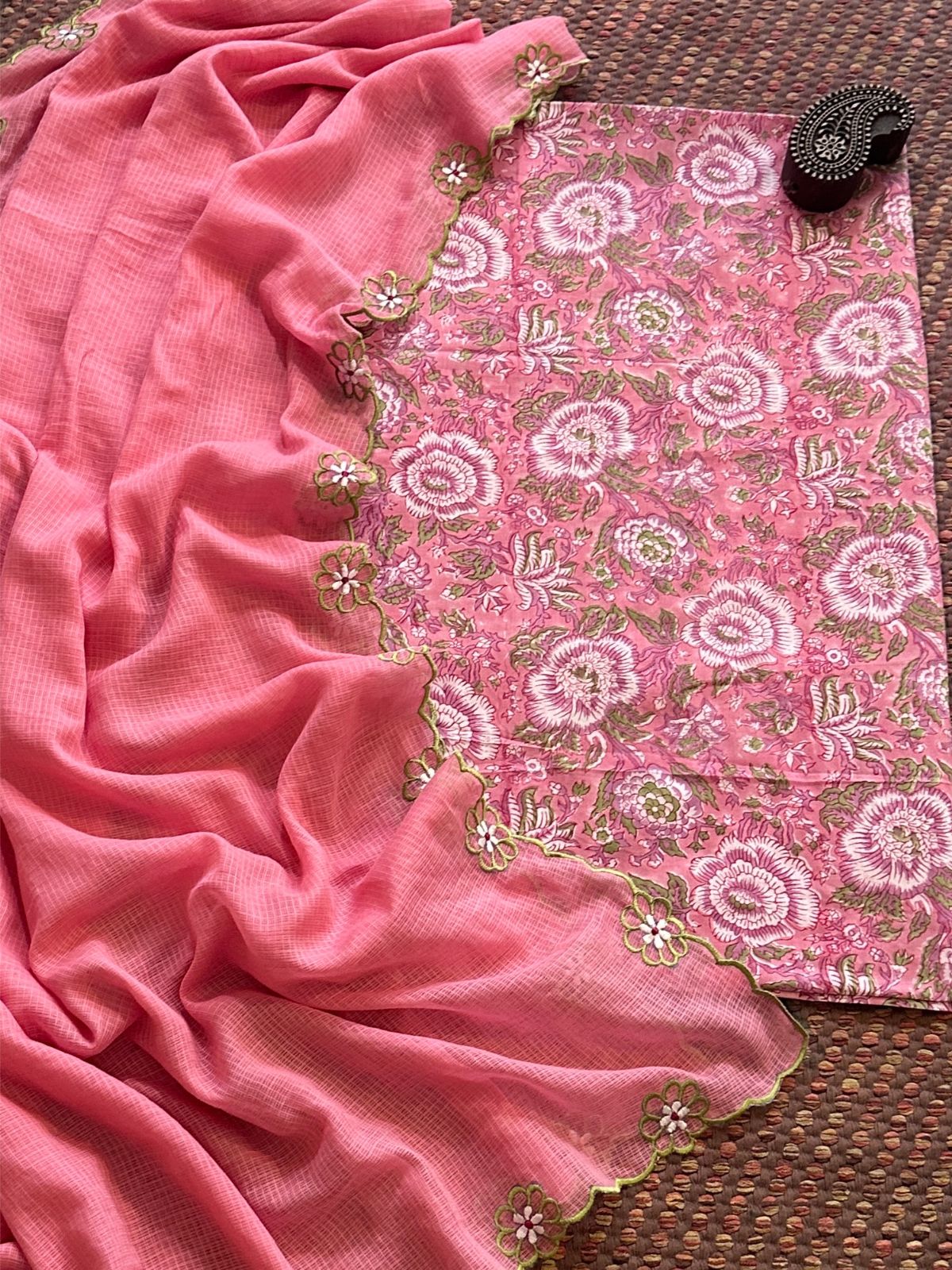 Pure Cotton Hand blocked fabric paired with a embroidered kota doria dupatta.