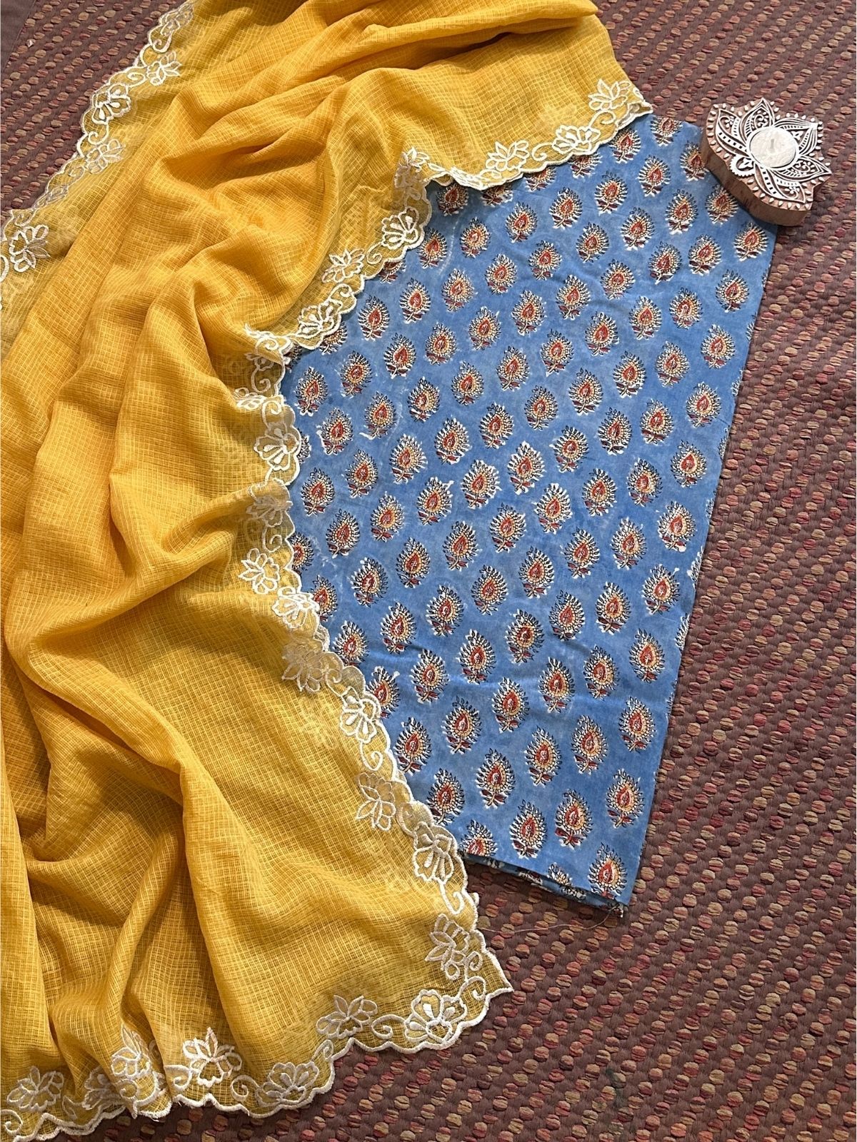 Pure Cotton Malmal Handblock Fabric with Embroidered Dupatta.