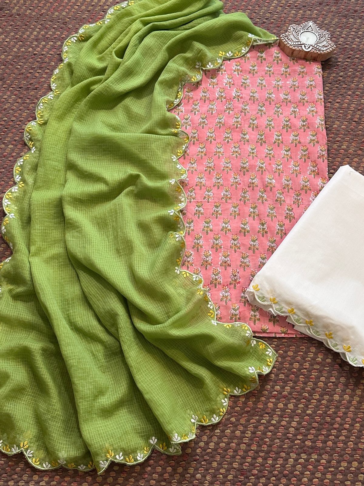 Pure Cotton Hand blocked Set with Embroidered Dupatta