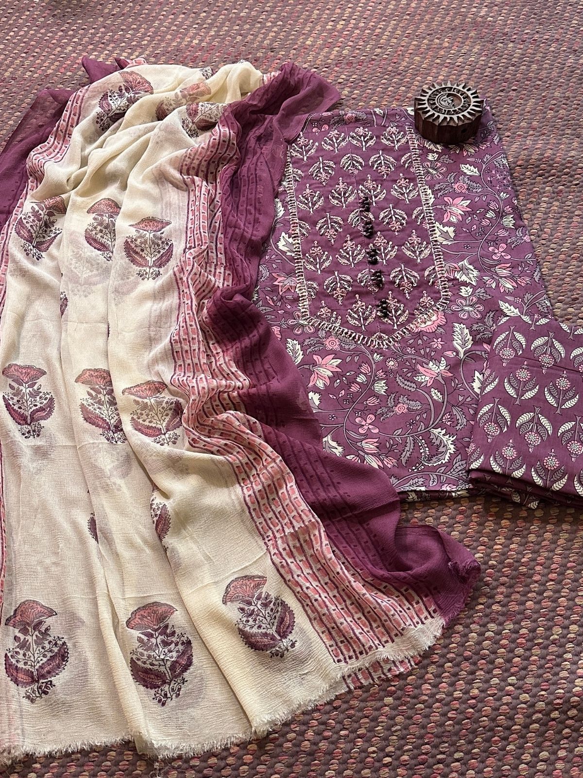 Pure Cotton Handblocked Unstitched Set with pure chiffon Dupatta