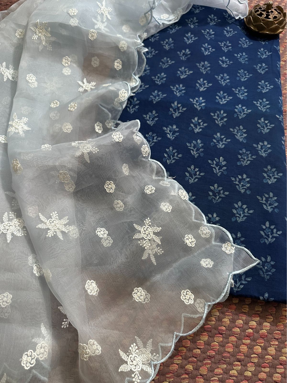 Pure Cotton Handblocked Fabric with Exclusive Cutwork Organza Dupatta