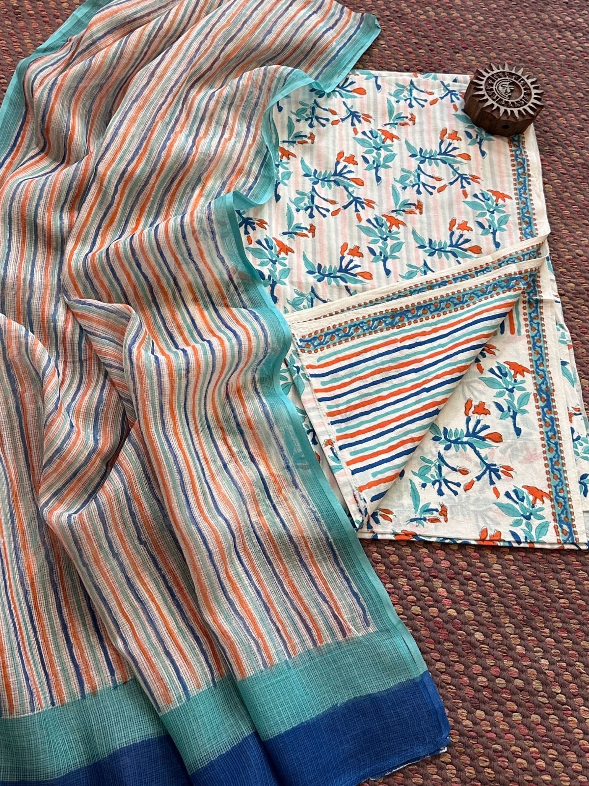 Pure Handblcoked Cotton Unstitched Set with Handblocked Kota Dupatta
