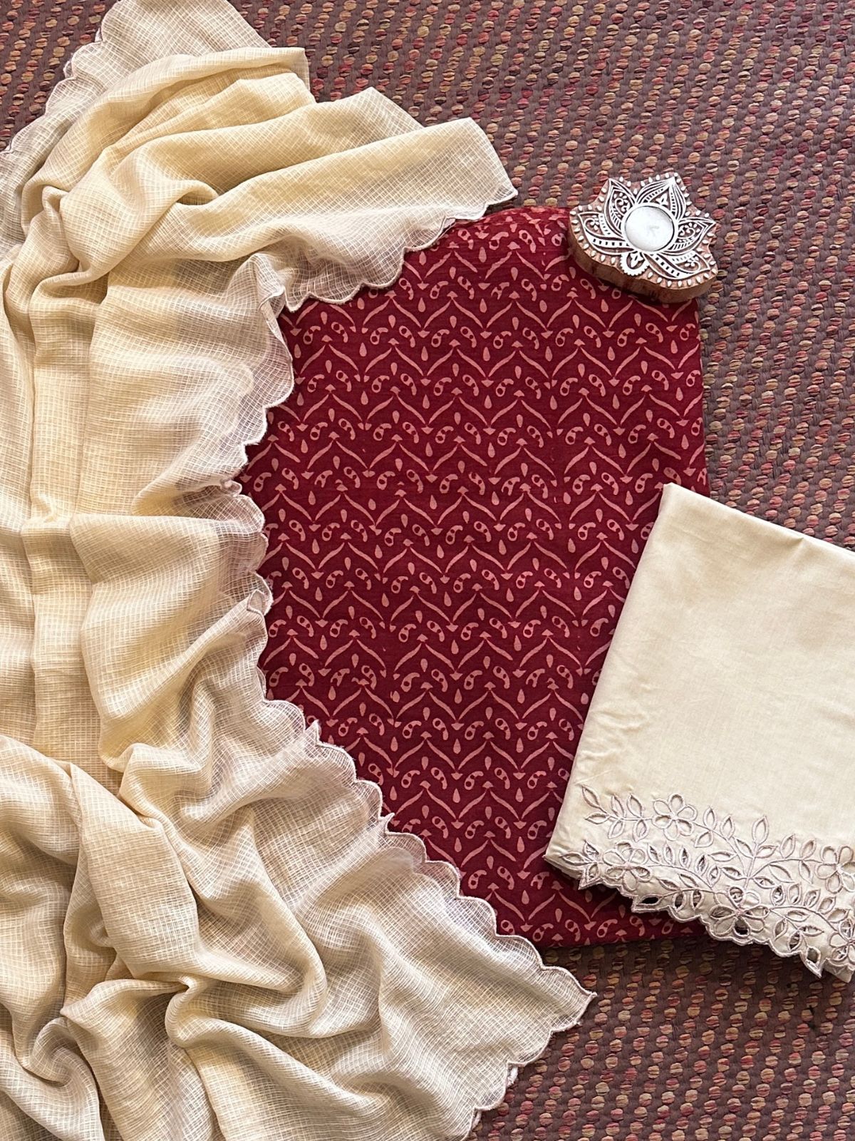 Pure Cotton Mul Ajrak with Scalloped Dupatta & Cutwork Bottom