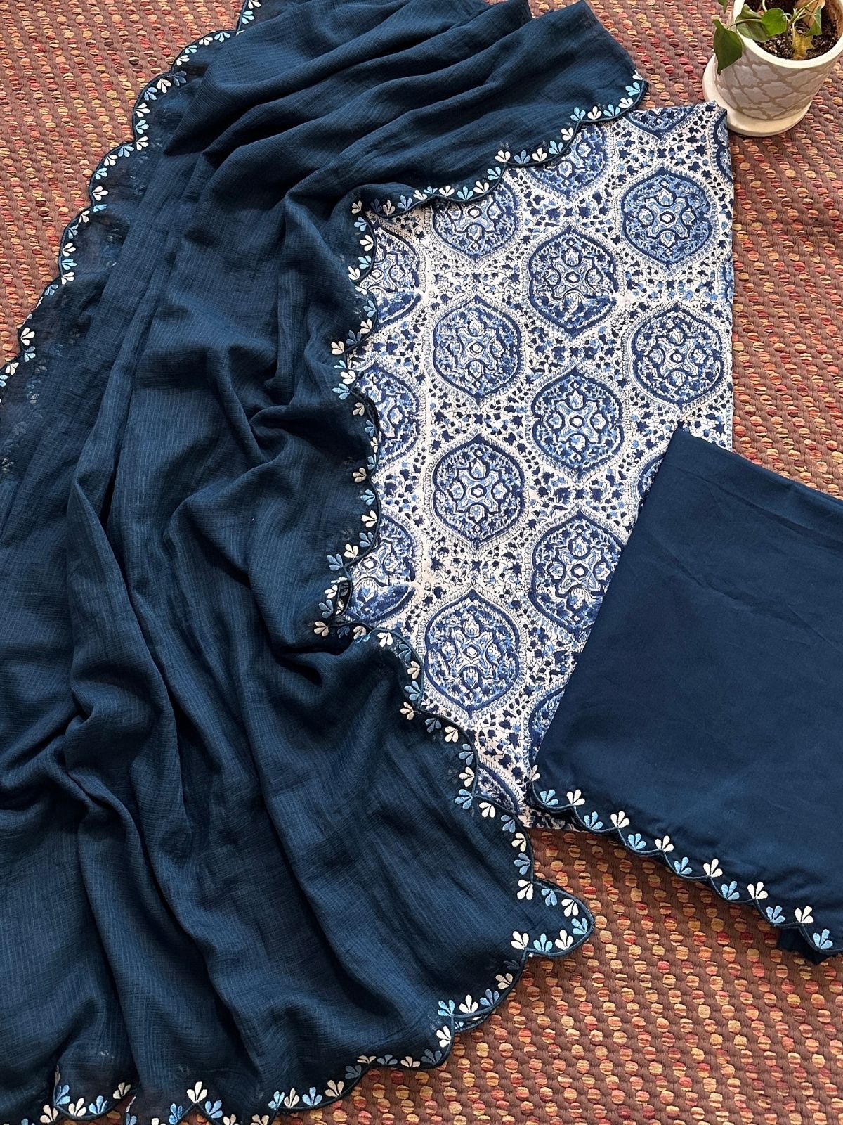 Pure Cotton Hand blocked Set with Embroidered Dupatta