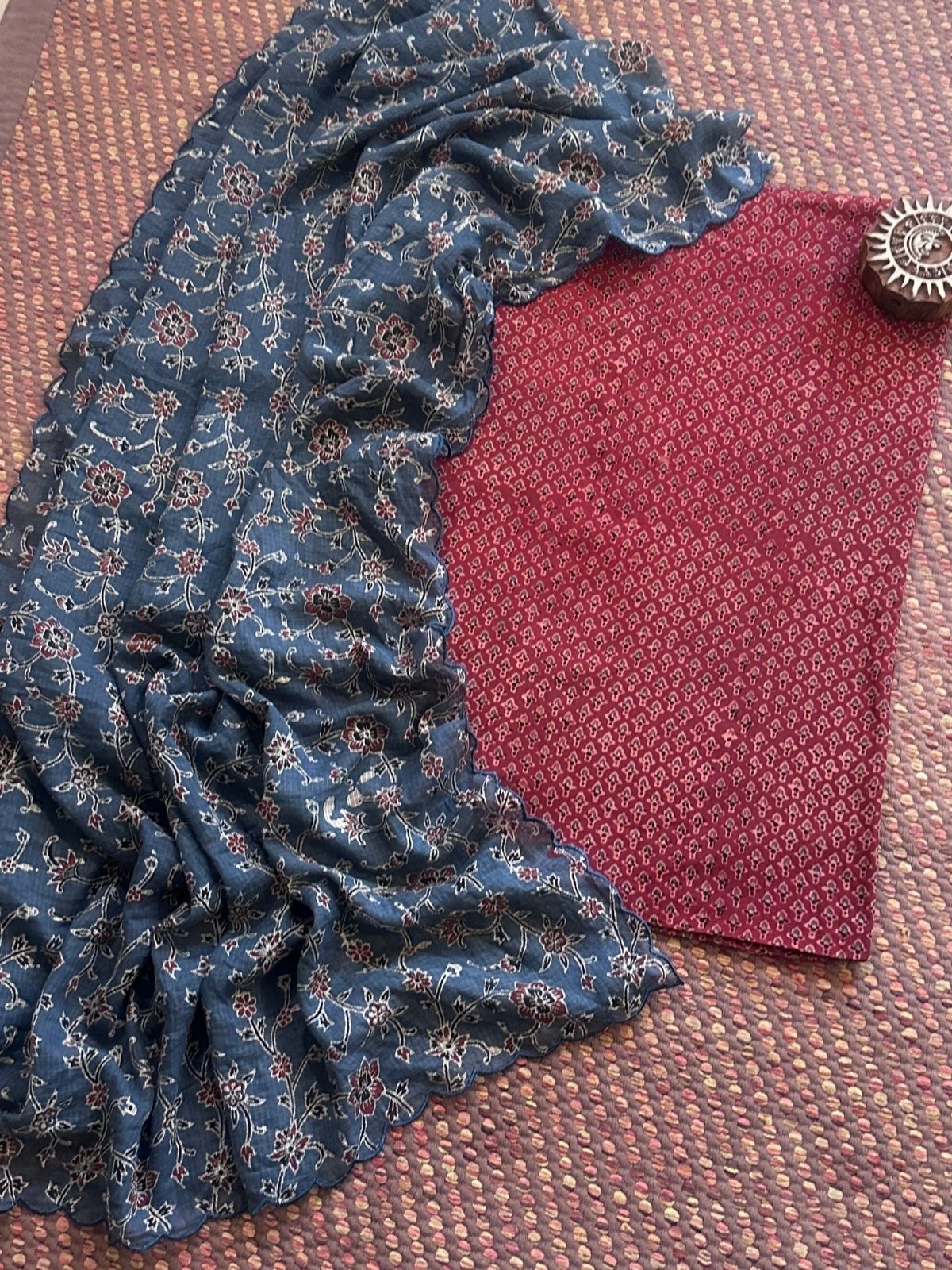 Ajrakh Cotton Malmal Handblocked Set- Top & Dupatta