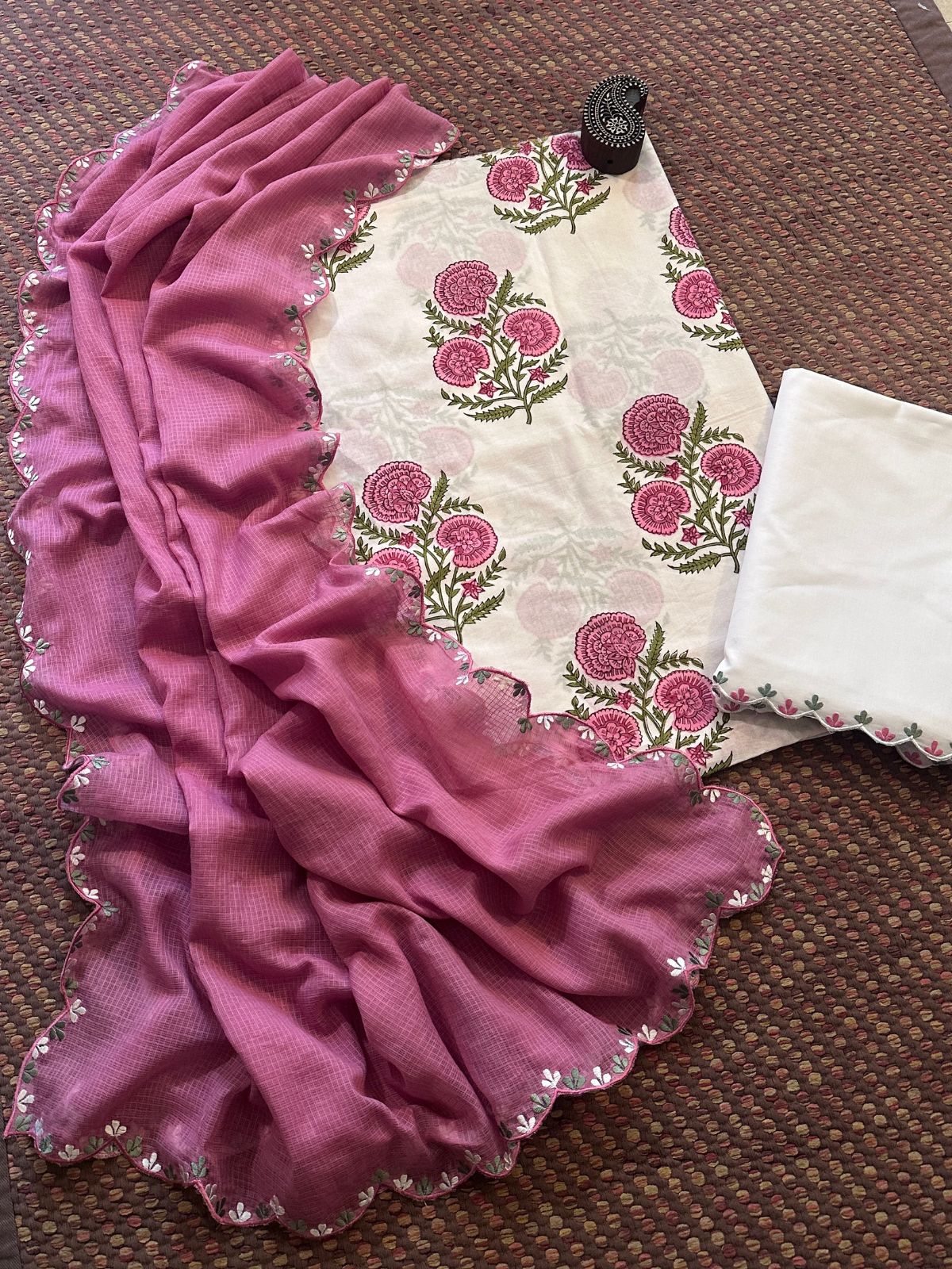 Pure Cotton Hand-block Fabric with Embroidered Bottom & Kota Doria Dupatta