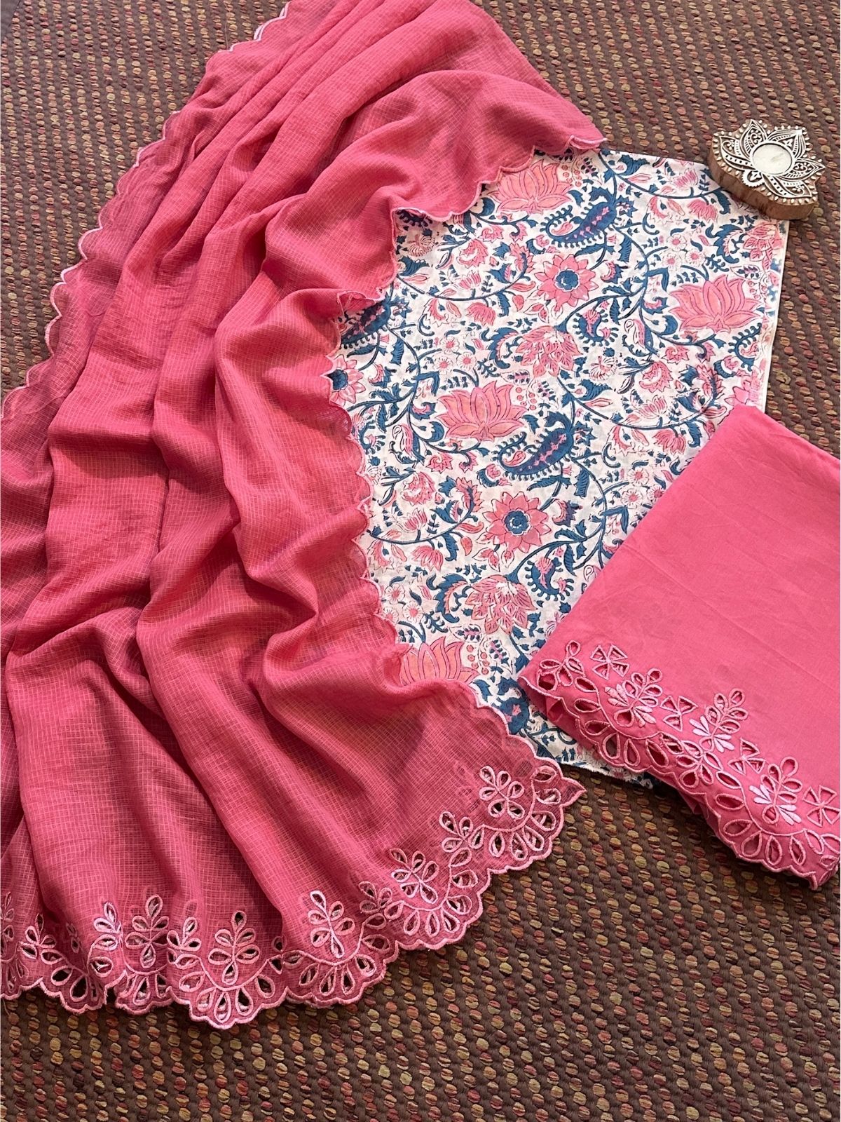 Pure Cotton Hand-blocked Fabric with Cutwork Bottom & Kota Doria Dupatta