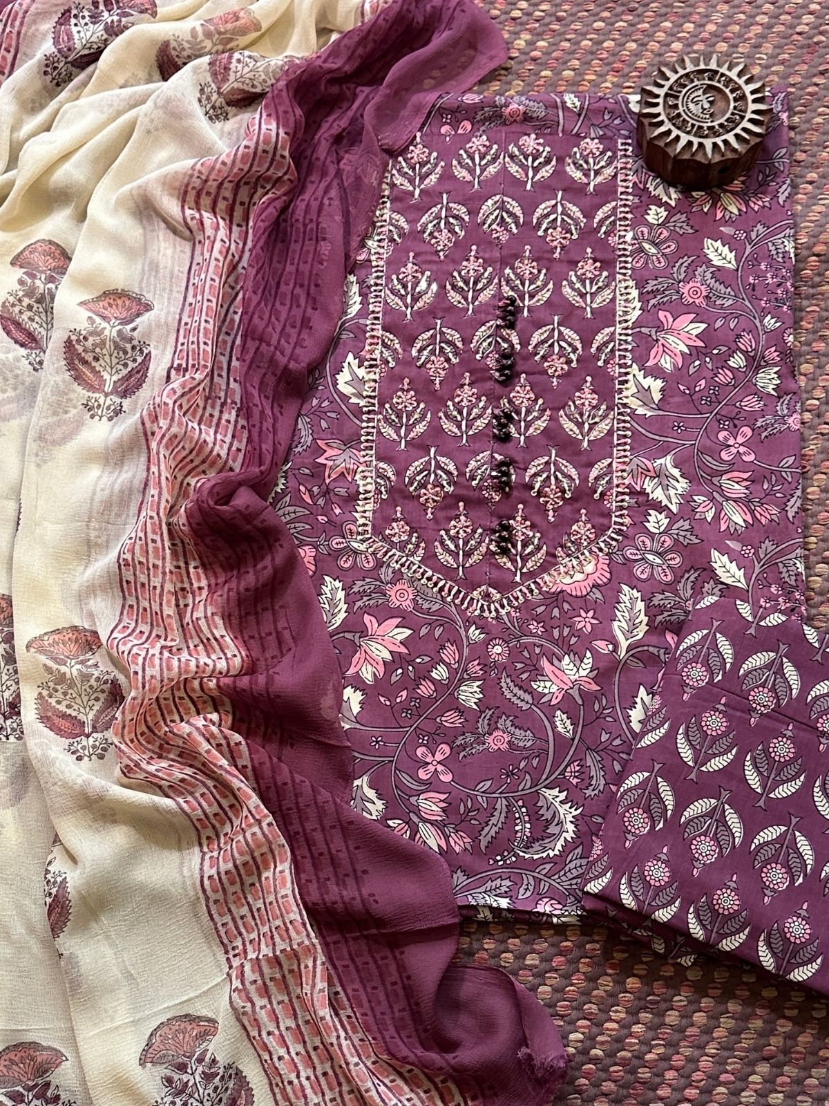 Pure Cotton Handblocked Unstitched Set with pure chiffon Dupatta