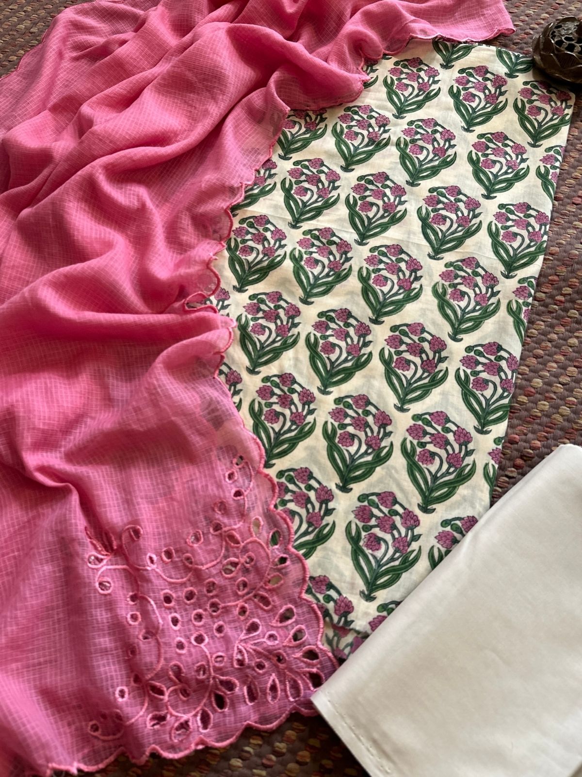 Pure Cotton Hand-blocked Fabric Set with Cutwork Kota Doria Dupatta