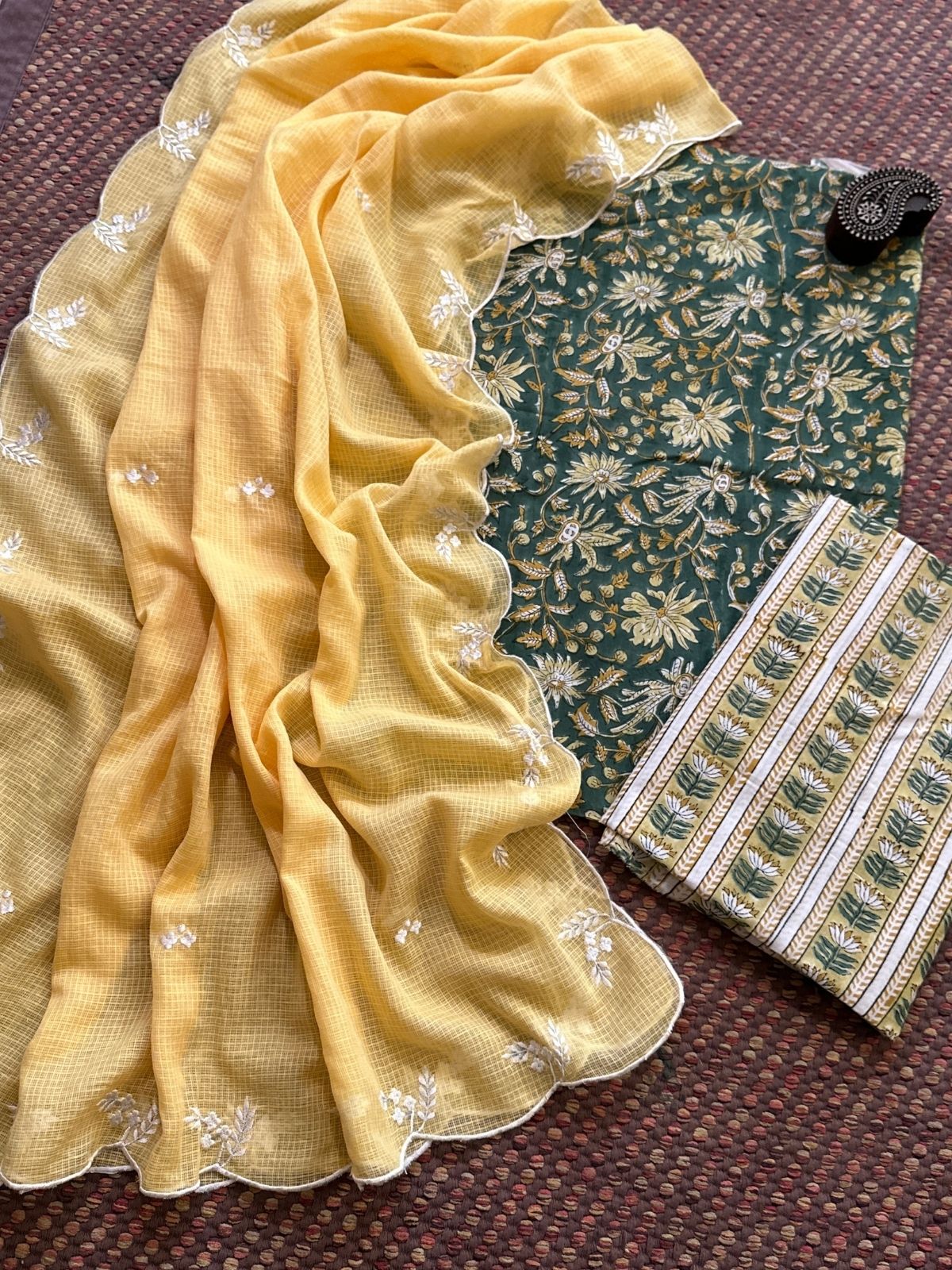 Pure Cotton Handblock Fabric with Embroidered Dupatta