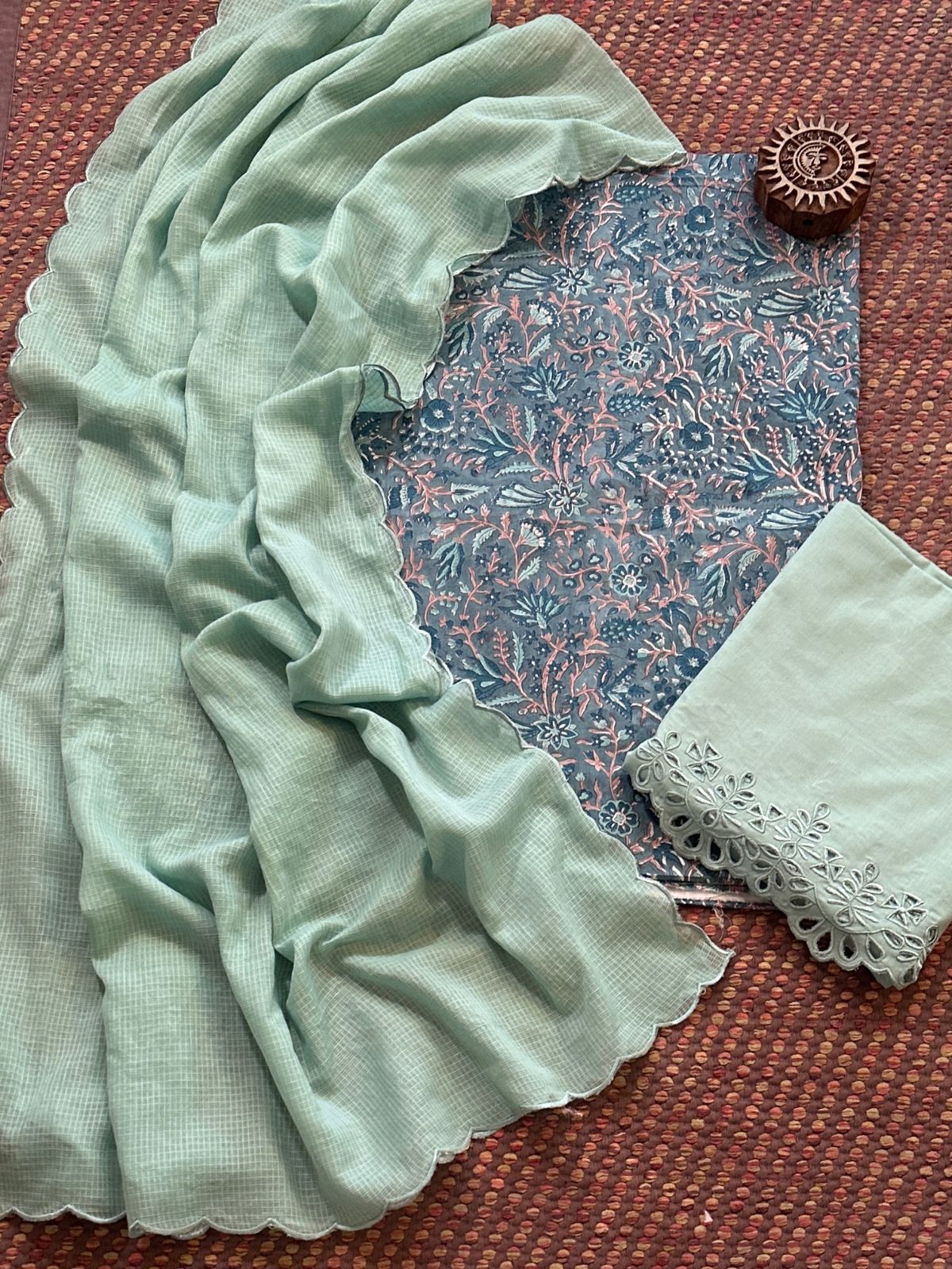 Pure Cotton Hand-blocked Fabric with Cutwork Bottom & Kota Doria Dupatta