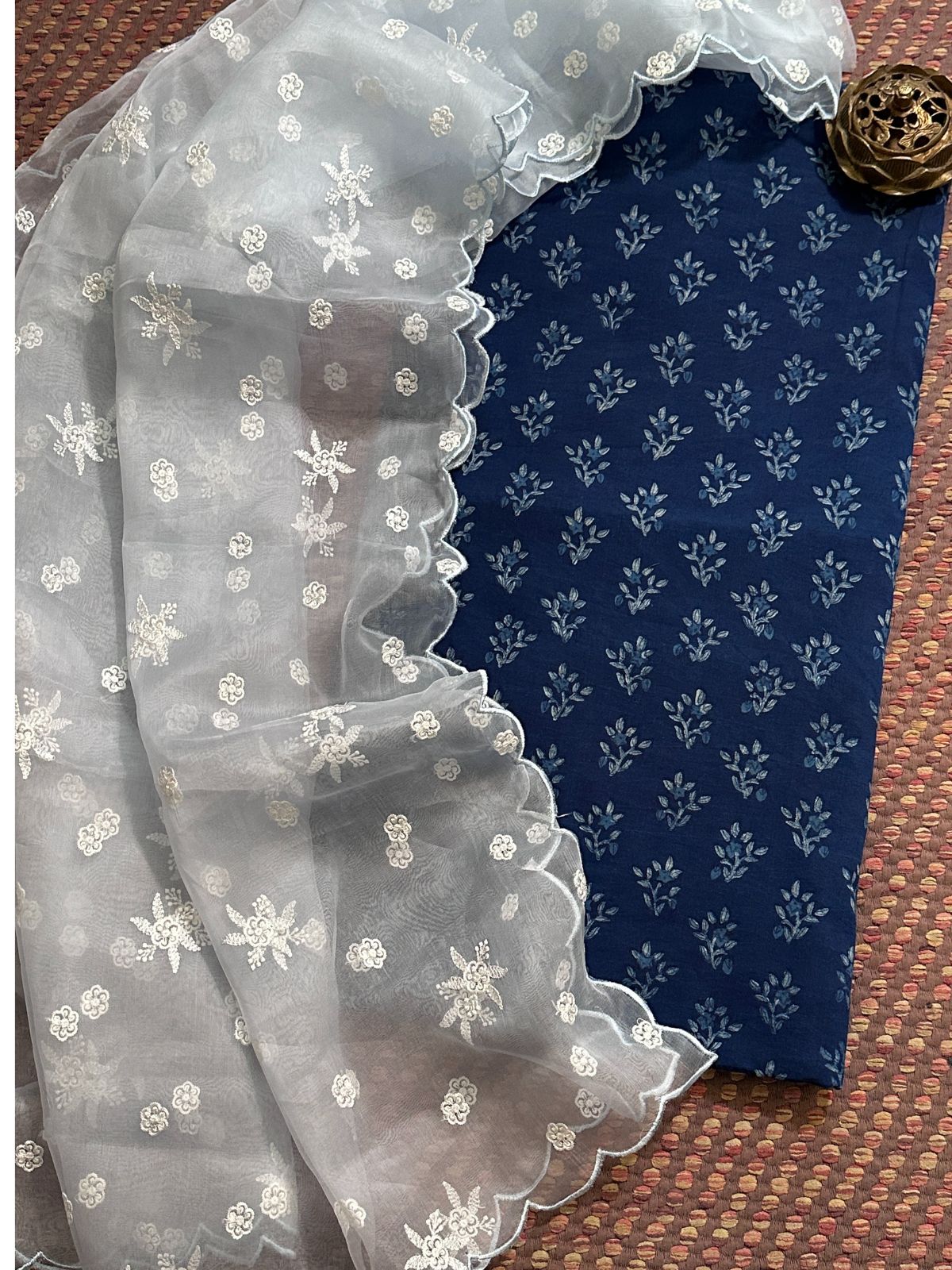 Pure Cotton Handblocked Fabric with Exclusive Cutwork Organza Dupatta