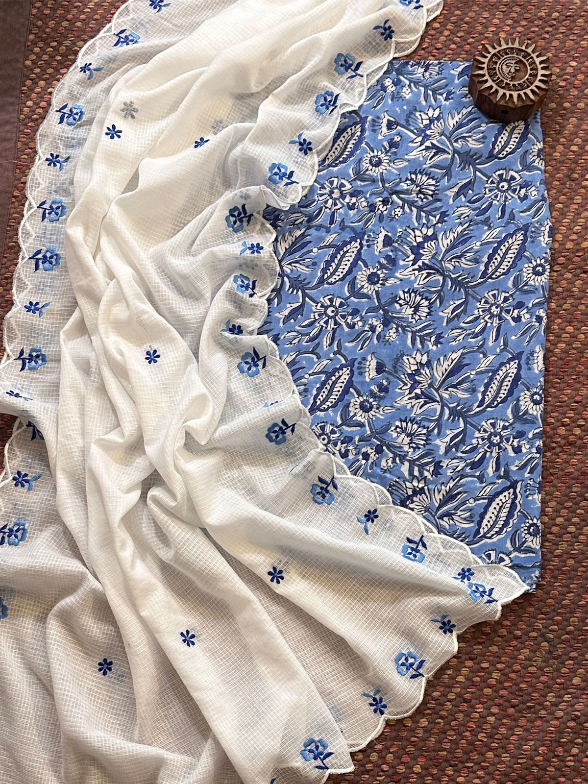 Pure Cotton Handblocked Fabric with Embroidered Dupatta