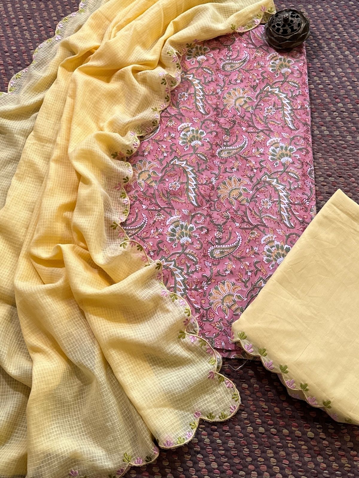 Pure Cotton Hand-block Fabric with Embroidered Bottom & Kota Doria Dupatta