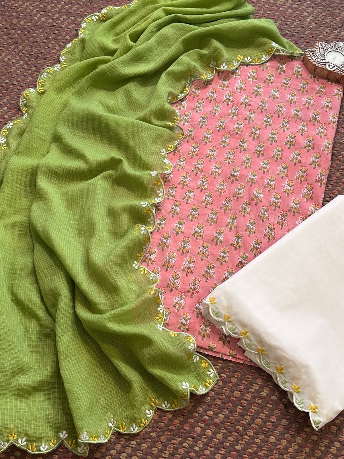 Pure Cotton Hand blocked Set with Embroidered Dupatta