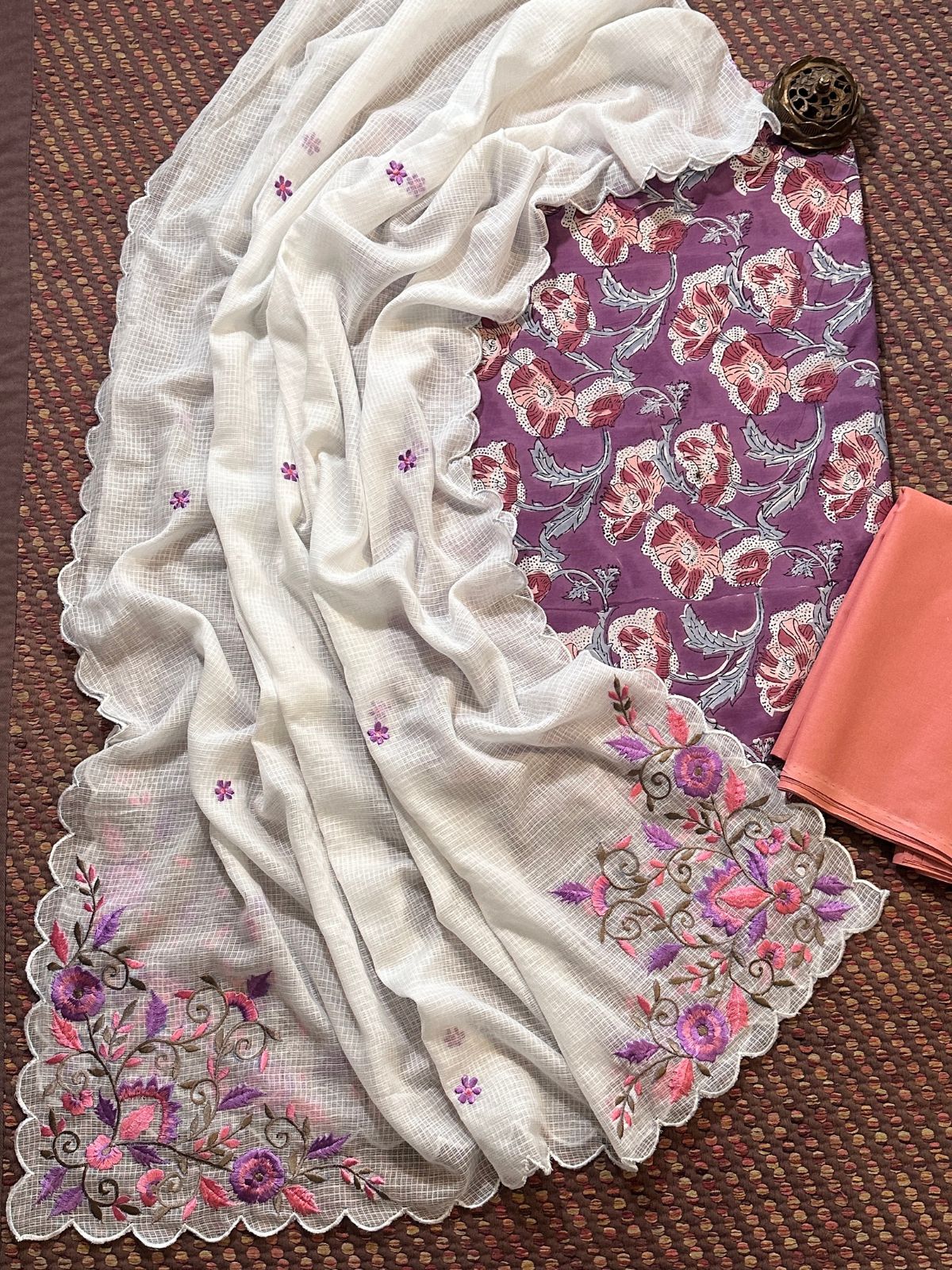Pure Cotton Hand-block Fabric with Embroidered Bottom & Kota Doria Dupatta