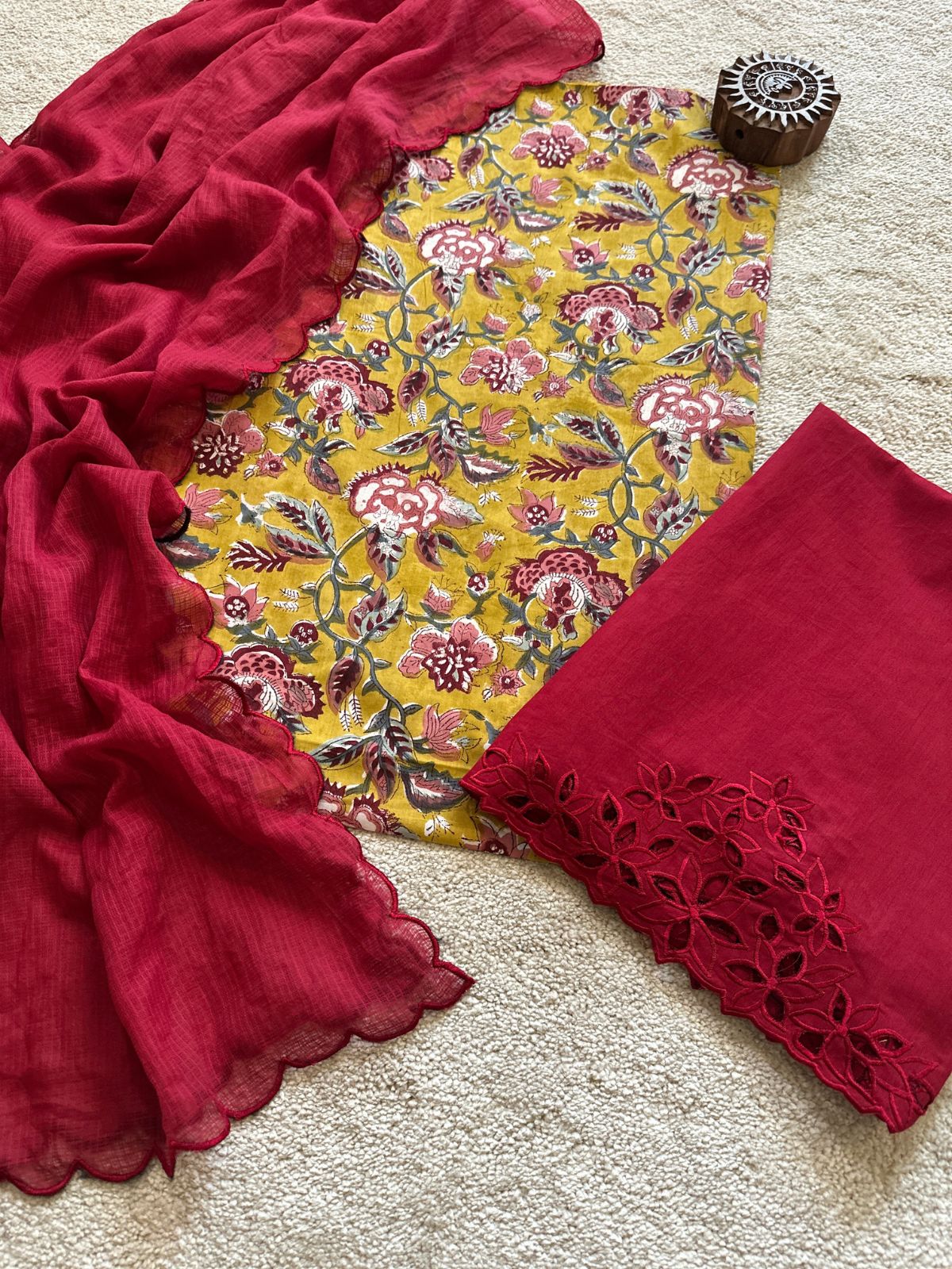 Pure Taj Cotton Hand-blocked Fabric with Cutwork Bottom & Kota Doria Dupatta