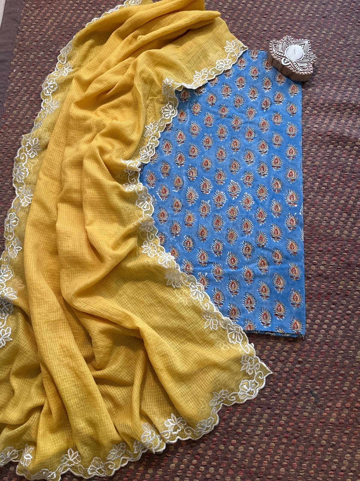 Pure Cotton Malmal Handblock Fabric with Embroidered Dupatta.