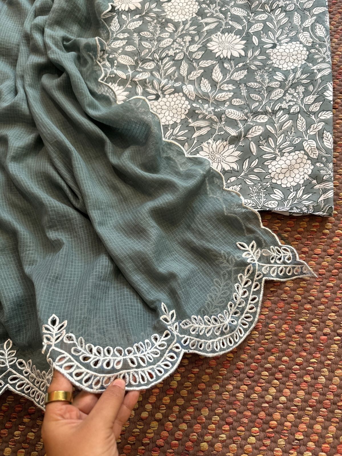 Pure Cotton Handblock Fabric with Cutwork Embroidered Dupatta