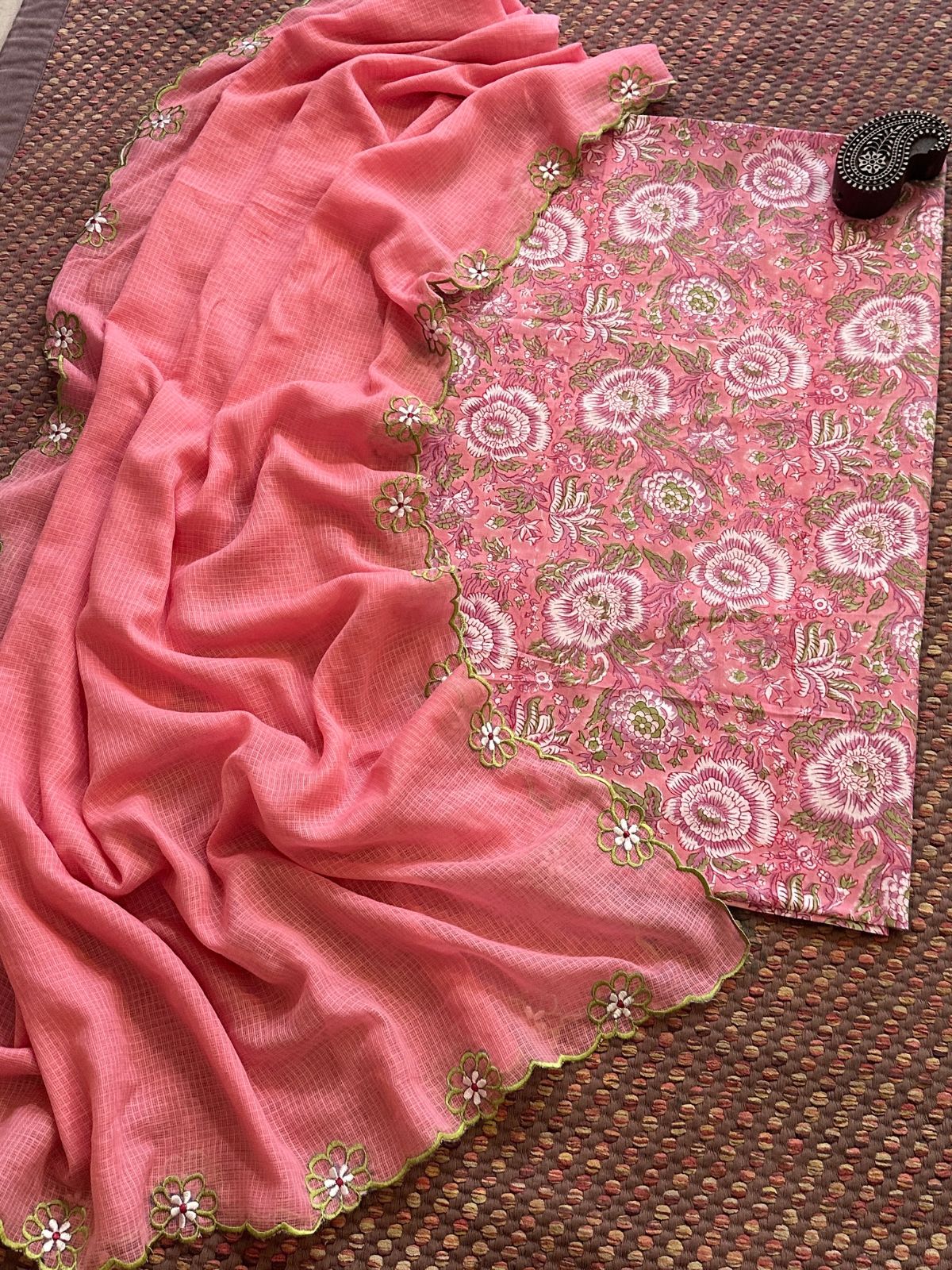Pure Cotton Hand blocked fabric paired with a embroidered kota doria dupatta.