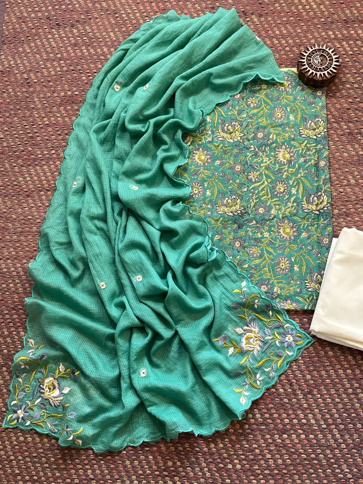 Pure Cotton Hand-blocked Fabric with Embroidered Dupatta