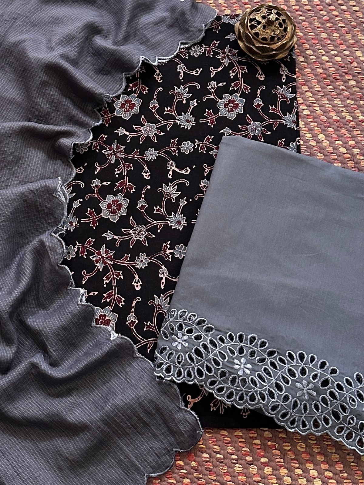 Pure Cotton Mul Ajrak with Scalloped Dupatta & Cutwork Bottom