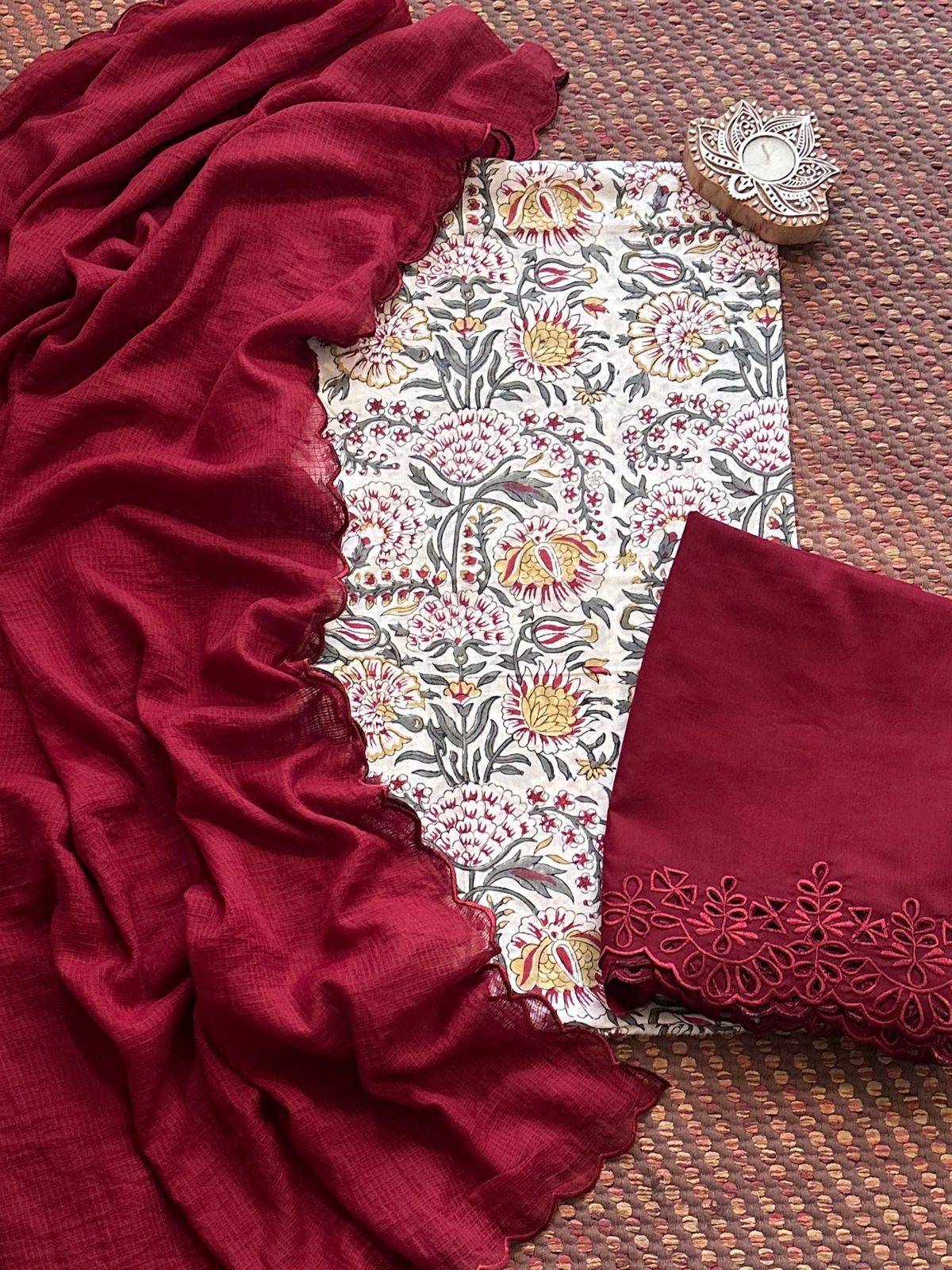 Pure Cotton Hand-blocked Fabric with Cutwork Bottom & Kota Doria Dupatta