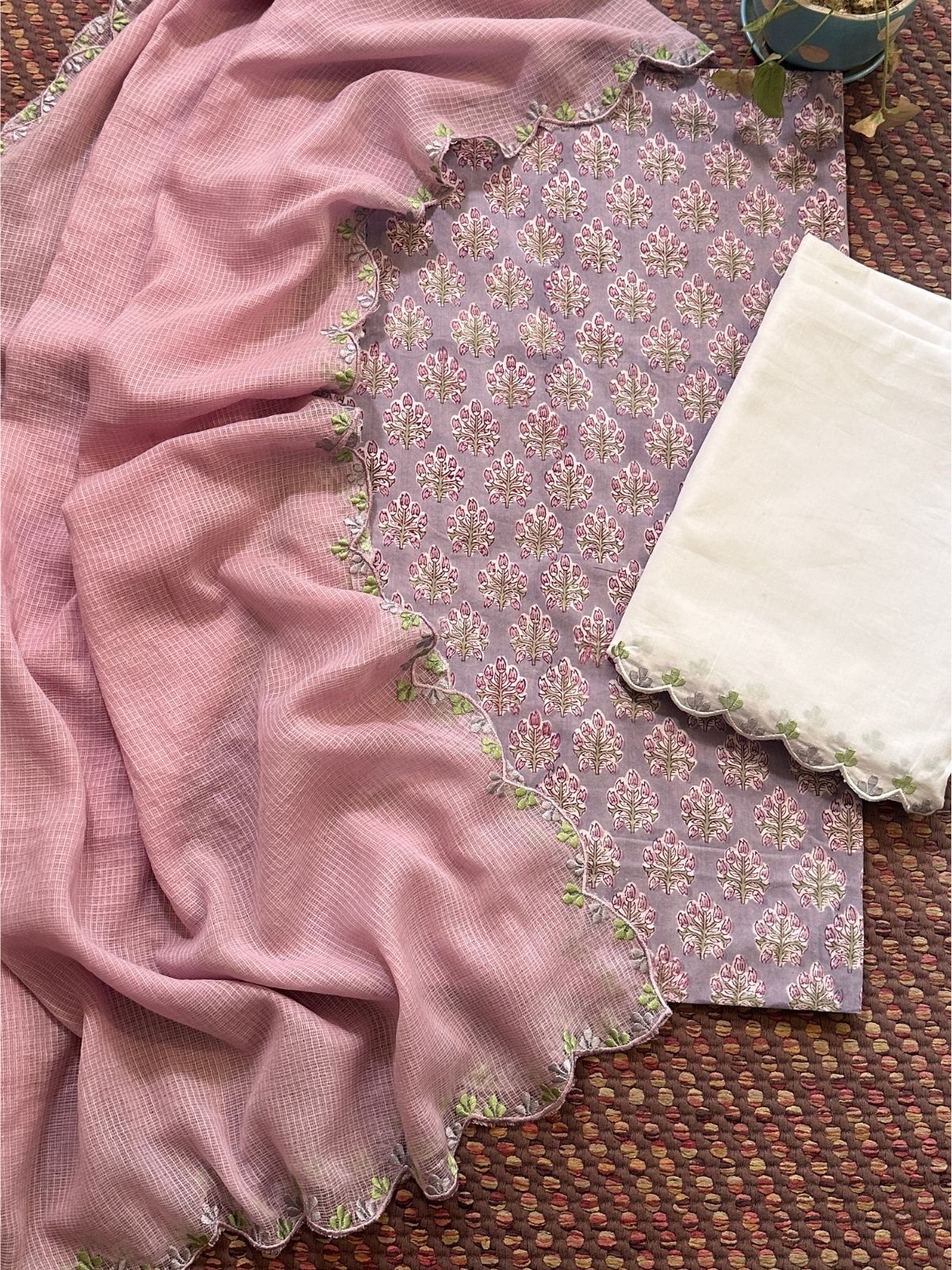Pure Cotton Hand-block Fabric with Exclusive Embroidered Bottom & Kota Doria Dupatta