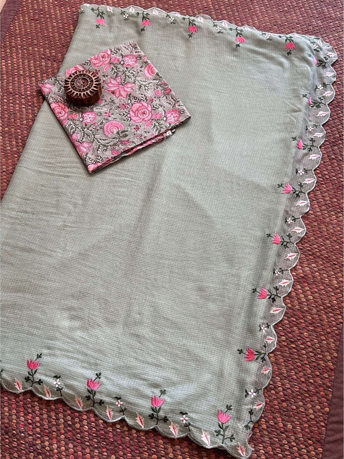 Kota Doria Embroidered Saree with Hand-blocked pure cotton Blouse Fabric
