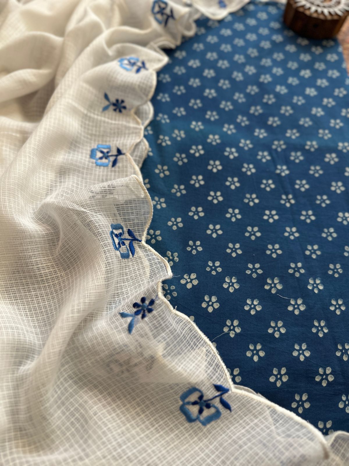 Pure Cotton Indigo Hand-block Fabric with Exclusive Embroidered Kota Doria Dupatta