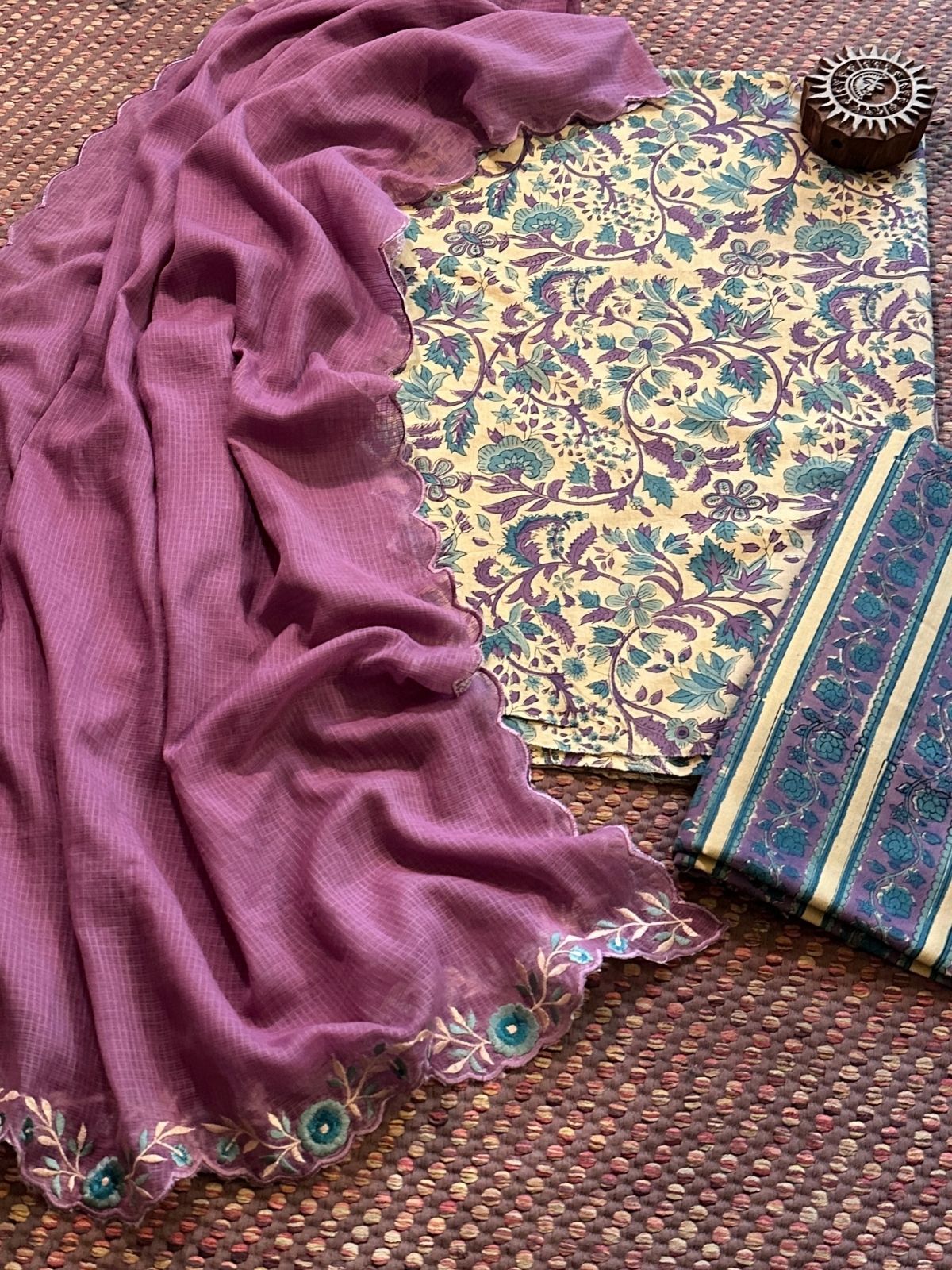 Pure Cotton Hand-blocked Fabric with Embroidered Dupatta