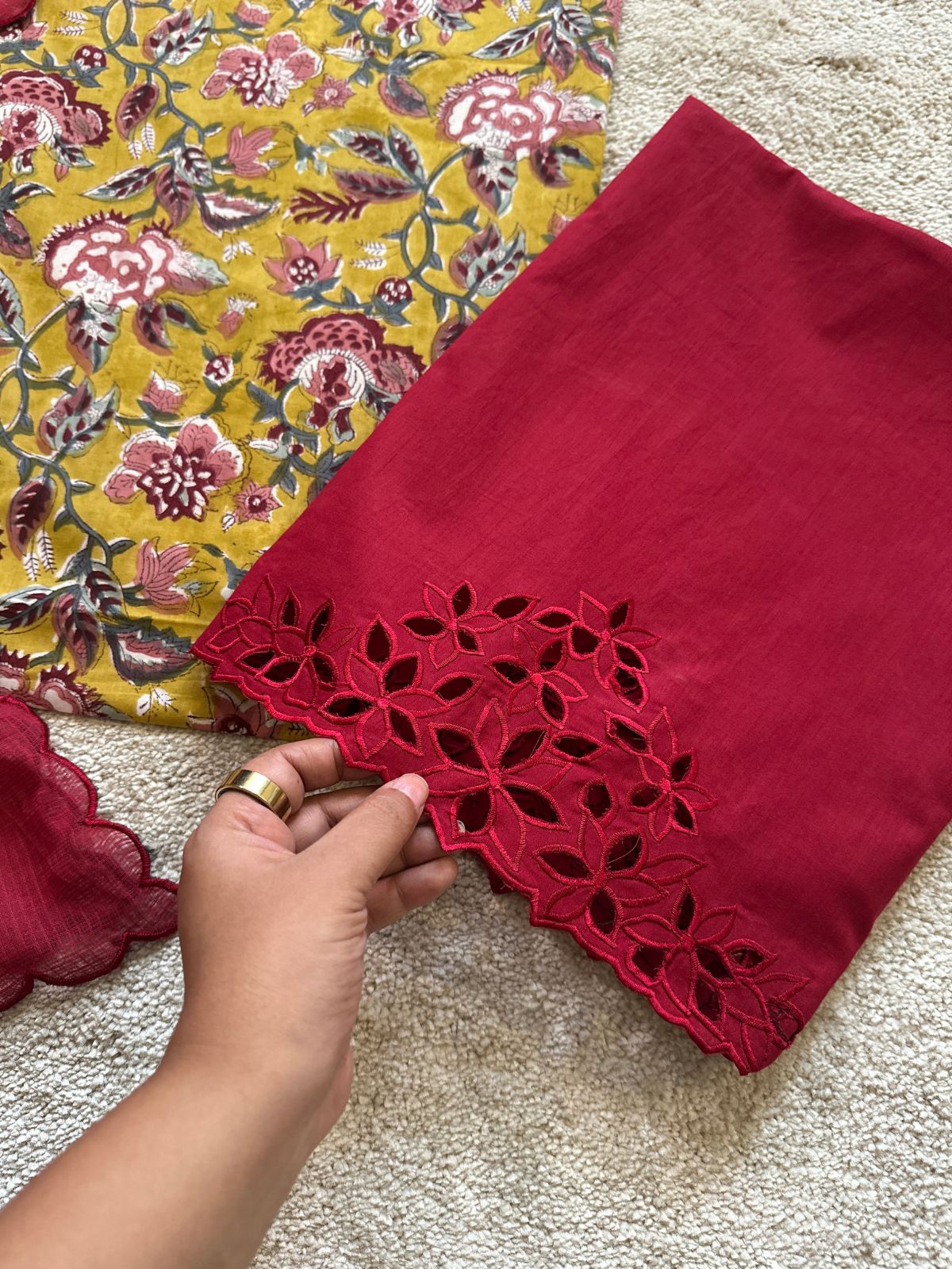 Pure Taj Cotton Hand-blocked Fabric with Cutwork Bottom & Kota Doria Dupatta